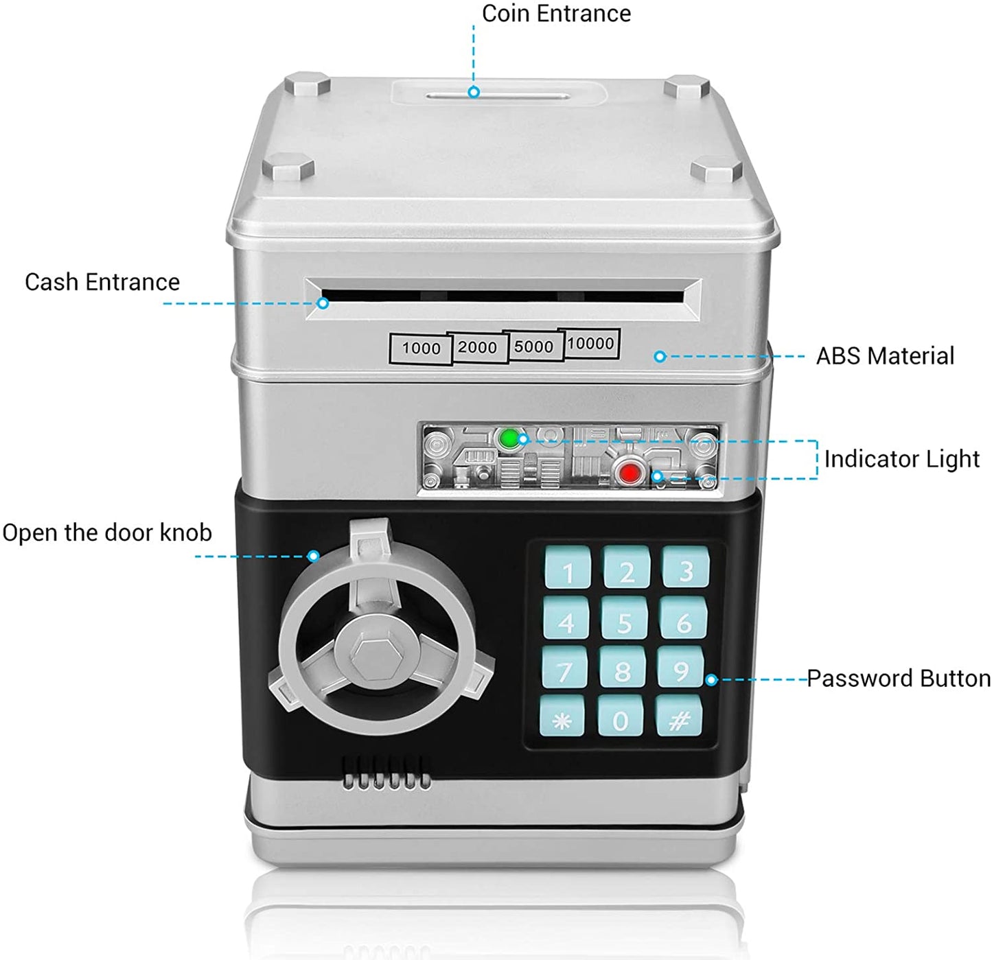 Electronic ATM Password Piggy Bank Cash Coin Can Auto Scroll Paper Money Saving Box Gift for Kids (Silvery)