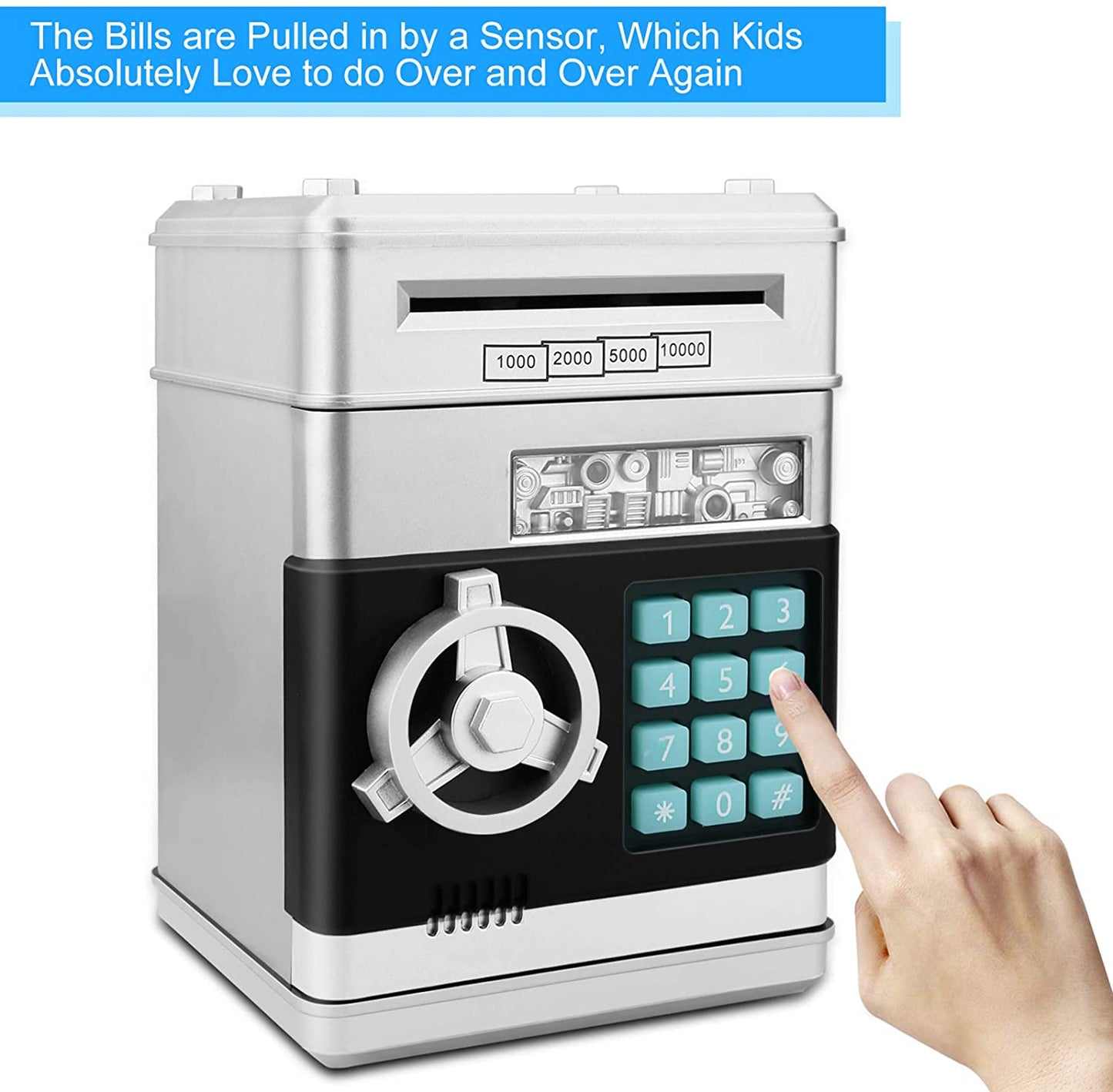 Electronic ATM Password Piggy Bank Cash Coin Can Auto Scroll Paper Money Saving Box Gift for Kids (Silvery)