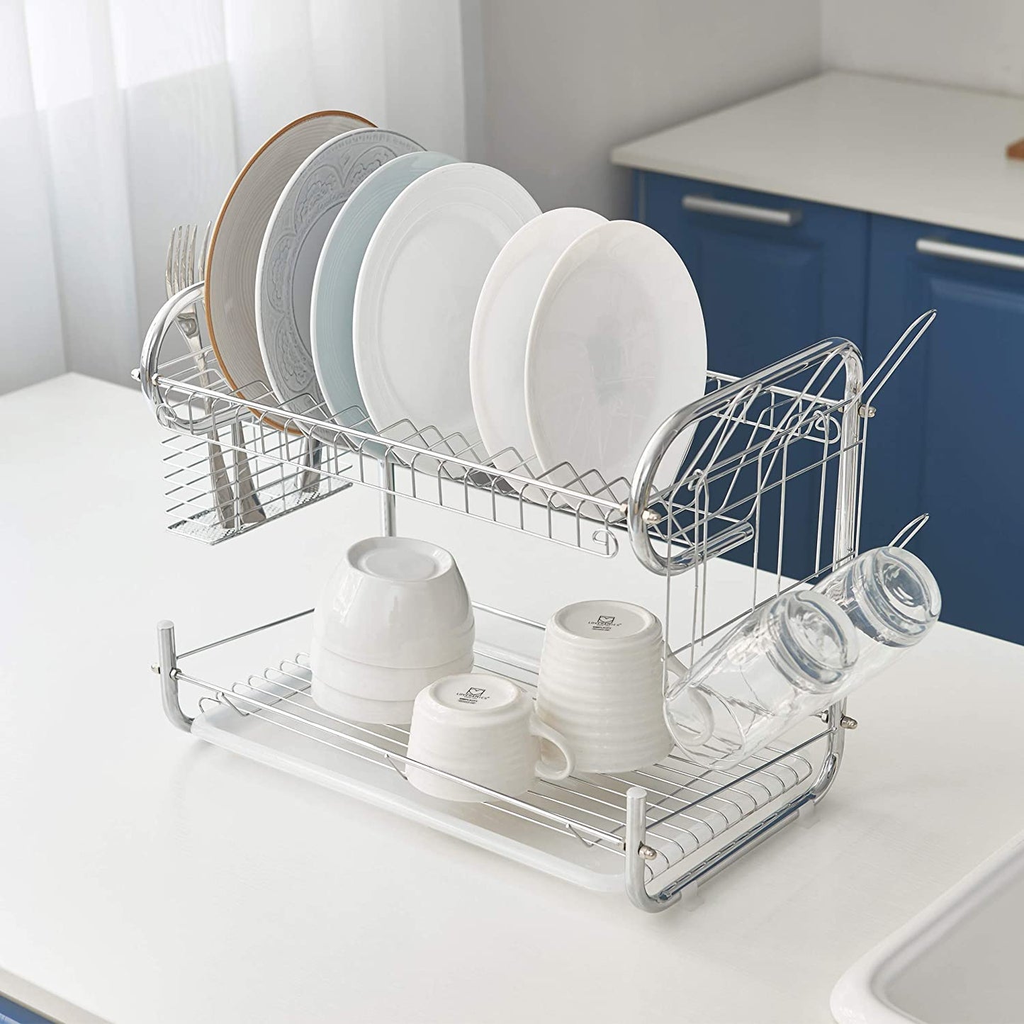 Dish Drying Rack 2 Tier, Kitchen Dish Rack with Drainboard, NATUROUS