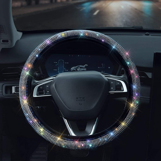 Steering Wheel Cover with Crystal Diamond Sparkling Car SUV Breathable Anti-Slip Steering Wheel Protector (Fit 14.2"-15.3" Inch)