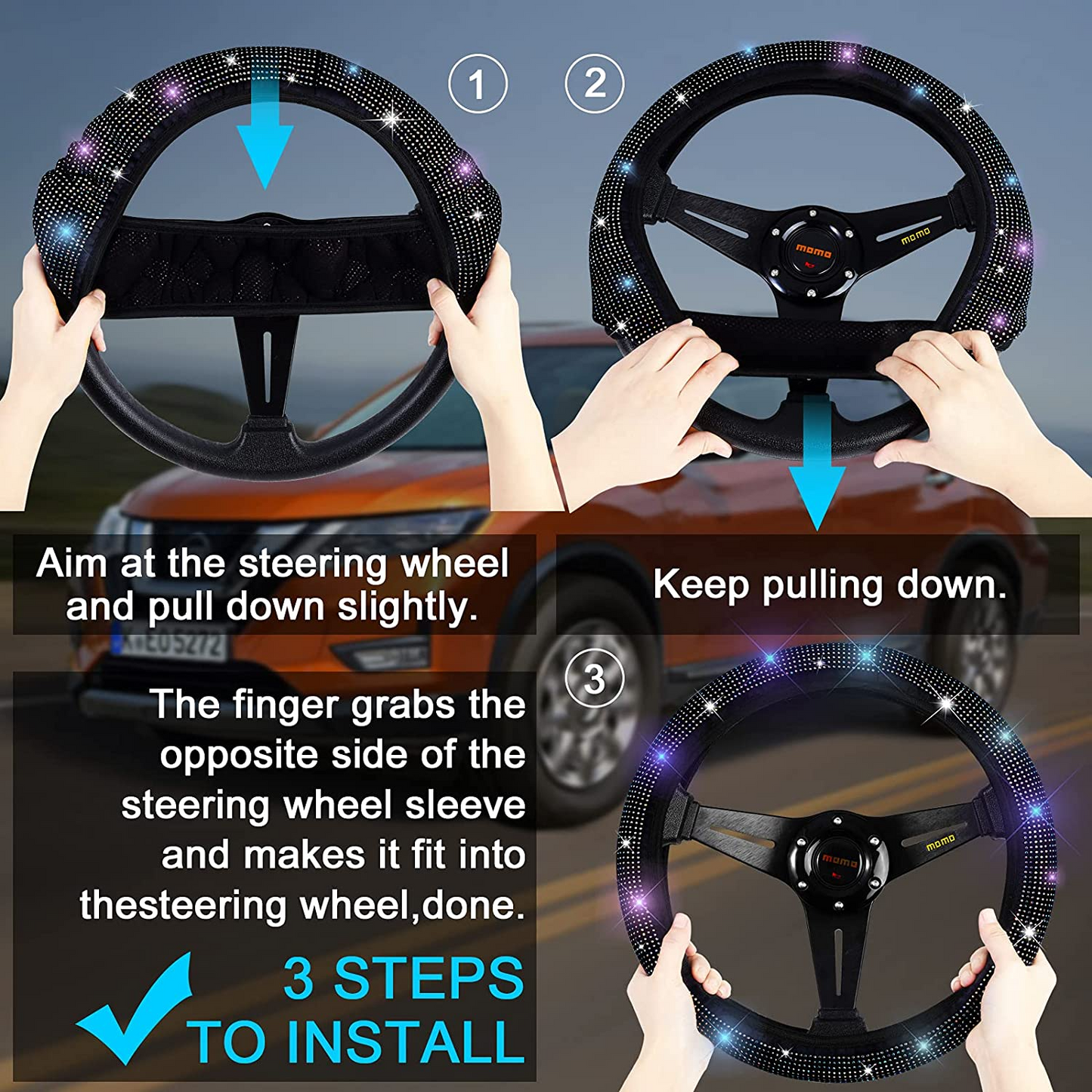 Steering Wheel Cover with Crystal Diamond Sparkling Car SUV Breathable Anti-Slip Steering Wheel Protector (Fit 14.2"-15.3" Inch)