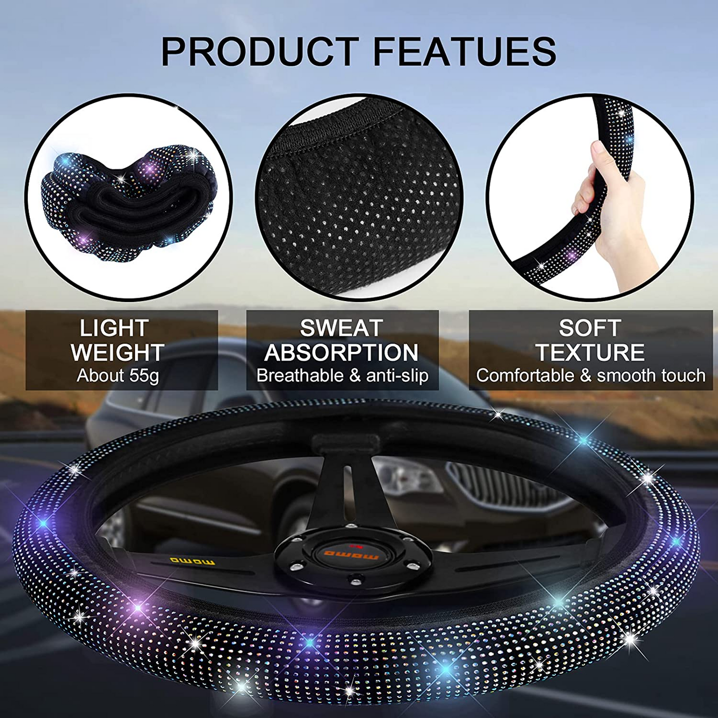 Steering Wheel Cover with Crystal Diamond Sparkling Car SUV Breathable Anti-Slip Steering Wheel Protector (Fit 14.2"-15.3" Inch)