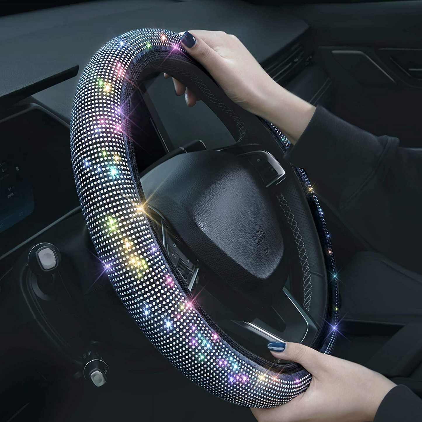 Steering Wheel Cover with Crystal Diamond Sparkling Car SUV Breathable Anti-Slip Steering Wheel Protector (Fit 14.2"-15.3" Inch)