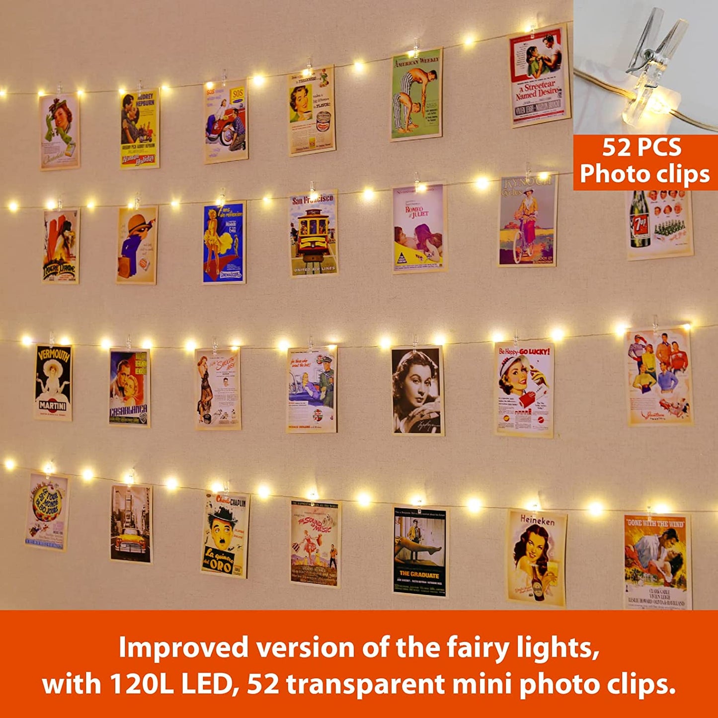 120LEDs Photo Clips String Light, Warm White 40Ft Fairy Light with 52 Clear Clips & 12 Hooks on Wall, Timer & 8 Modes USB Powered Copper Wire String Light for Hanging Picture, Bedroom Party