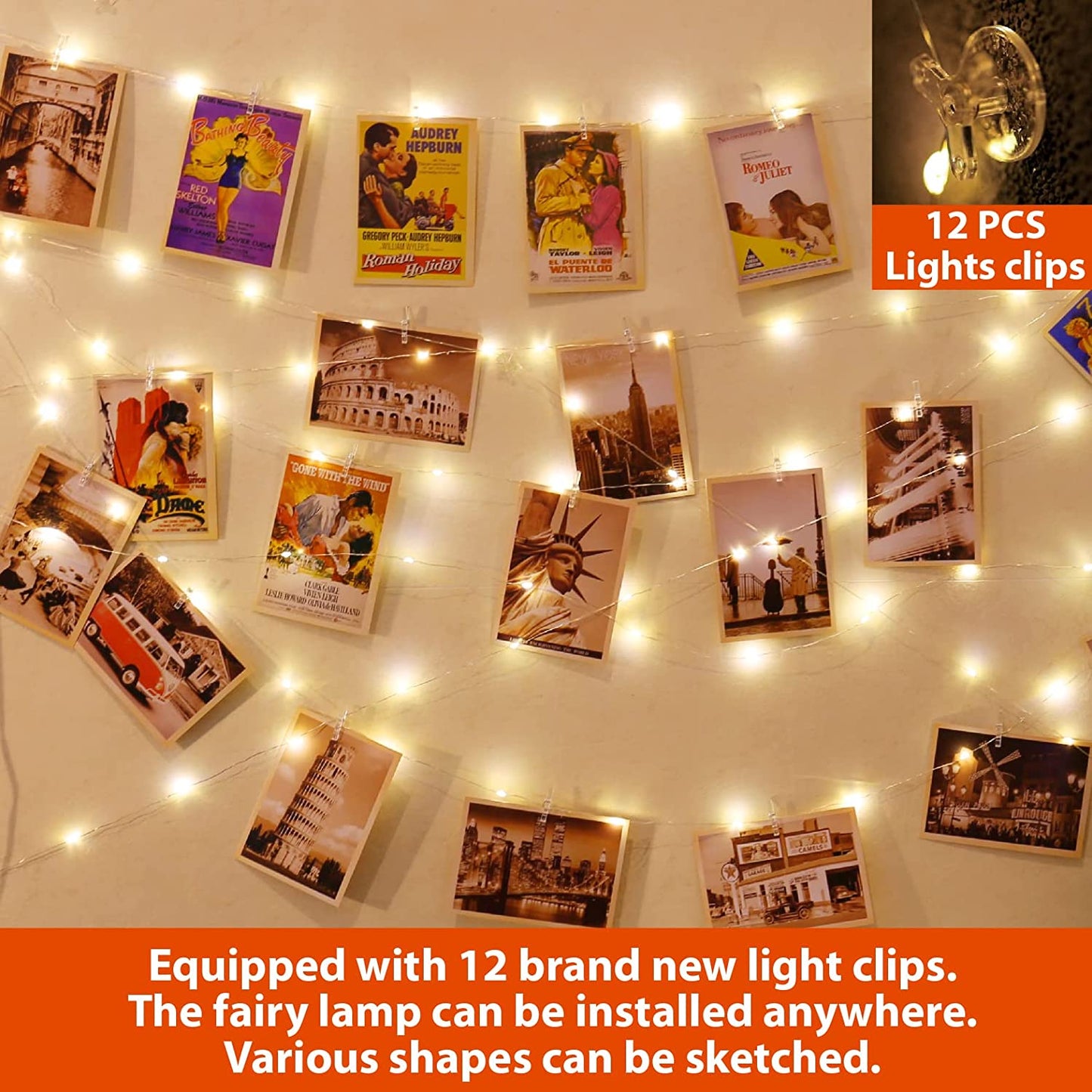 120LEDs Photo Clips String Light, Warm White 40Ft Fairy Light with 52 Clear Clips & 12 Hooks on Wall, Timer & 8 Modes USB Powered Copper Wire String Light for Hanging Picture, Bedroom Party