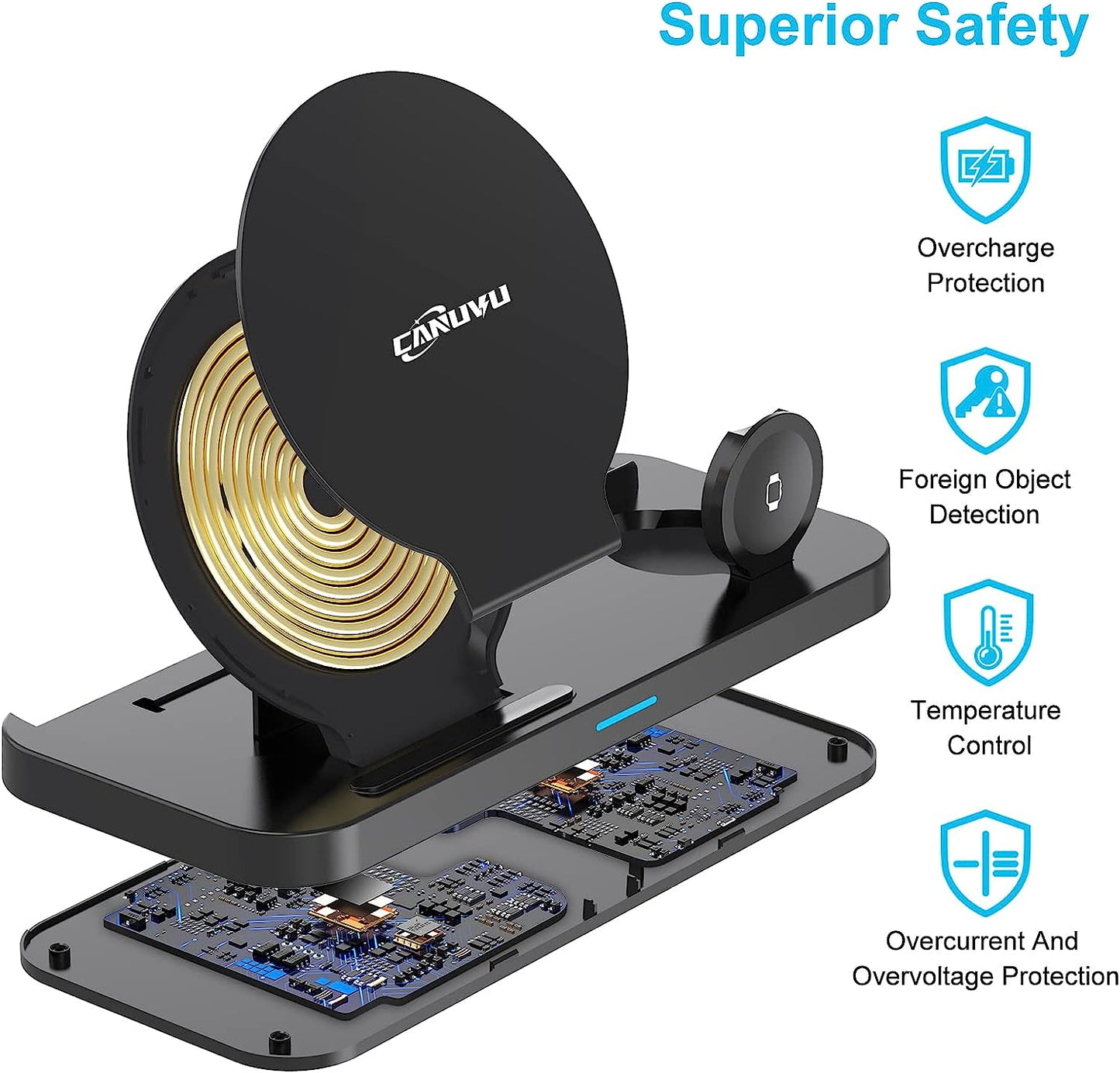 Wireless Charger, CANUVU 3 in 1 Fast Charging Station Compatible iPhone 14/13/12/11 Series/X/XS/XS Max/XR/8, Android Phone, Apple Watch & AirPods(with QC3.0 Adapter)