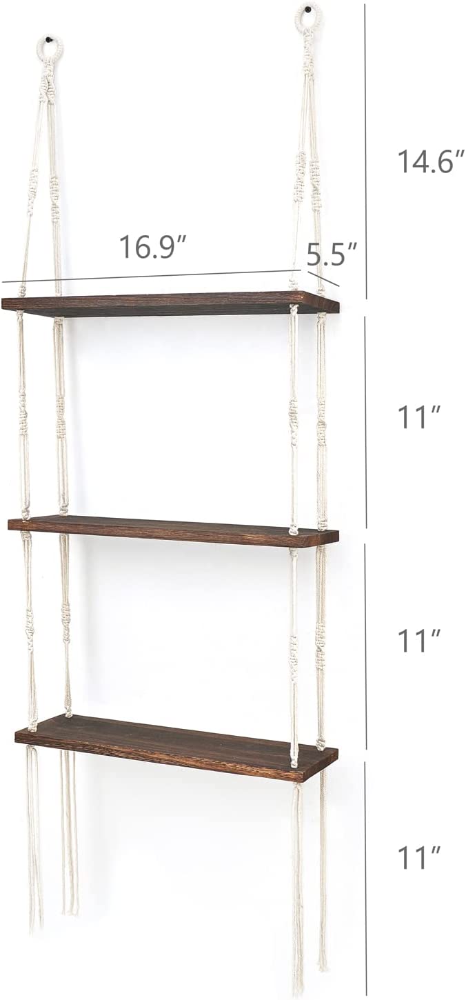 Macrame Wall Hanging Shelf 3 Tier Wood Floating Shelves with Cute Woven Rope Boho Room Decor Display Photos Plant Hanging Storage Shelves for Bathroom, Bedroom, Living Room, Nursery
