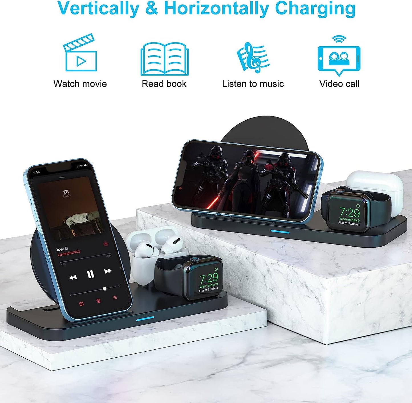 Wireless Charger, CANUVU 3 in 1 Fast Charging Station Compatible iPhone 14/13/12/11 Series/X/XS/XS Max/XR/8, Android Phone, Apple Watch & AirPods(with QC3.0 Adapter)