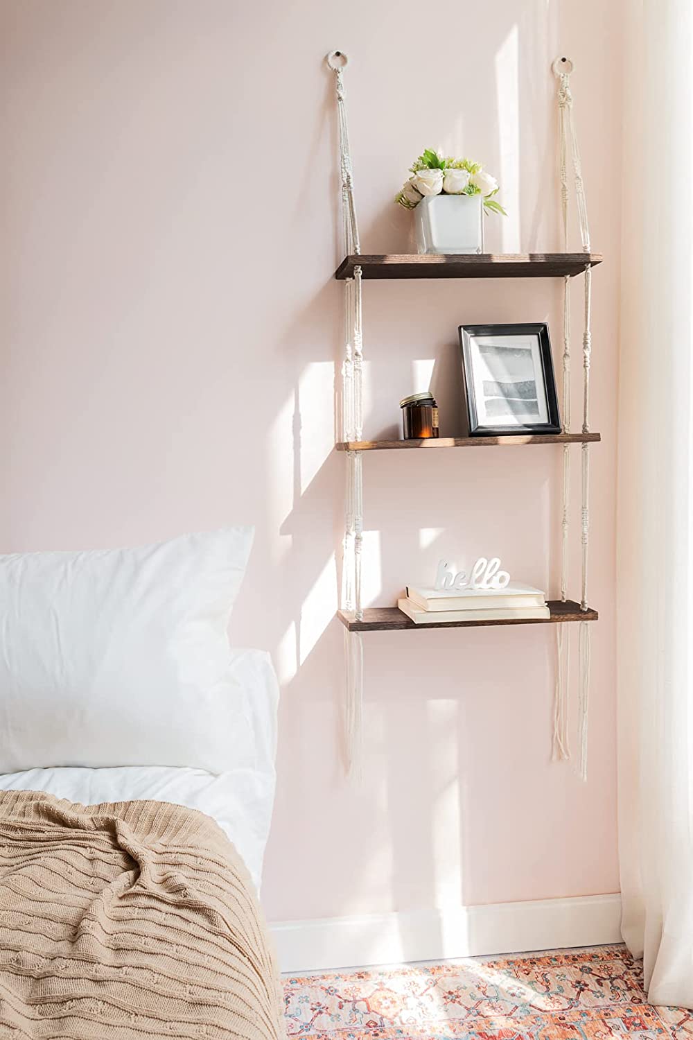 Macrame Wall Hanging Shelf 3 Tier Wood Floating Shelves with Cute Woven Rope Boho Room Decor Display Photos Plant Hanging Storage Shelves for Bathroom, Bedroom, Living Room, Nursery