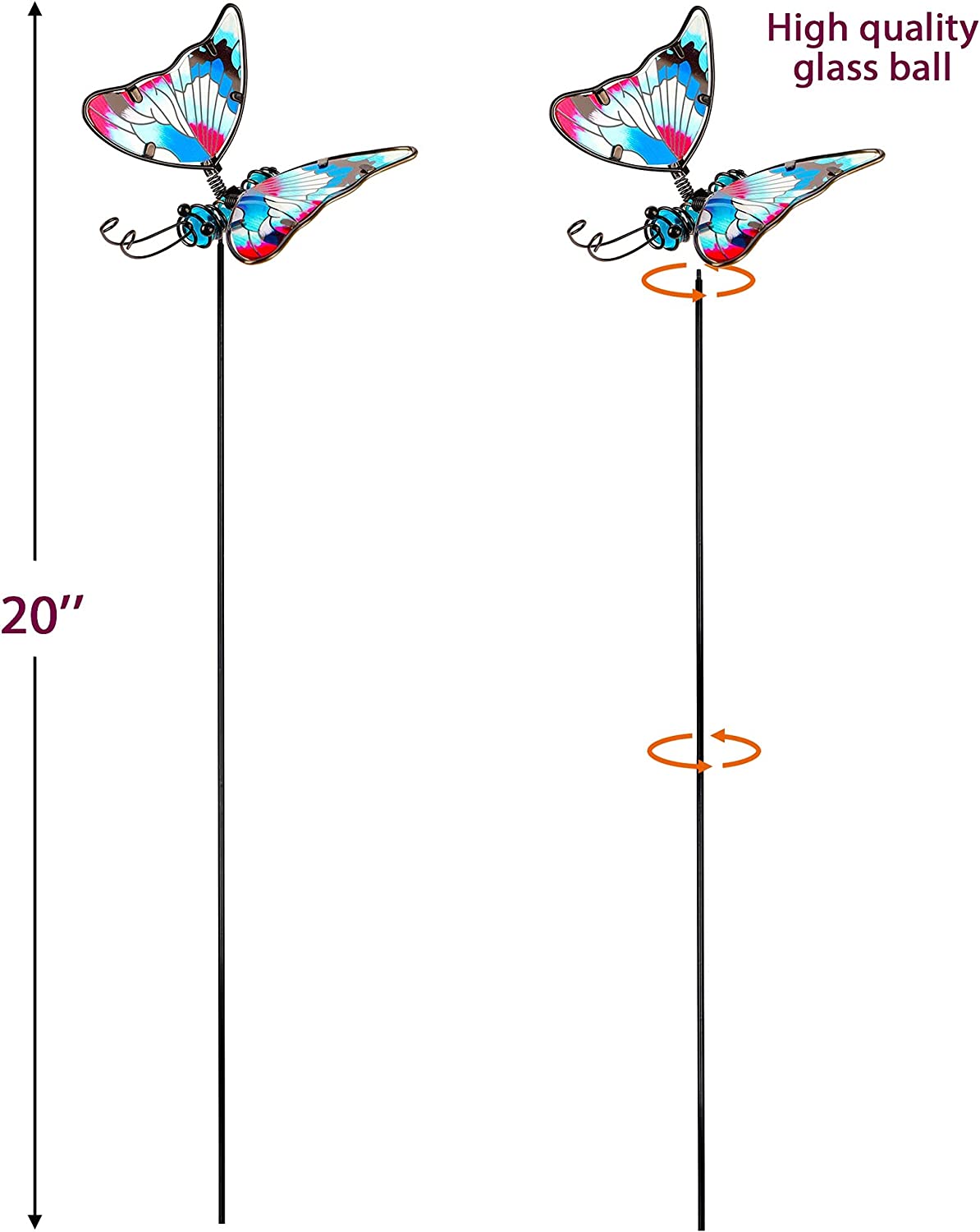 Set of 3 Butterfly Garden Stake Decor, 20 Inch Colorful Butterflies Stakes, Glass & Metal Yard Art Ornaments for Mom, Mothers Day Ideal Gifts, Outdoor Lawn Pathway Patio Plant Pot, Flower Bed
