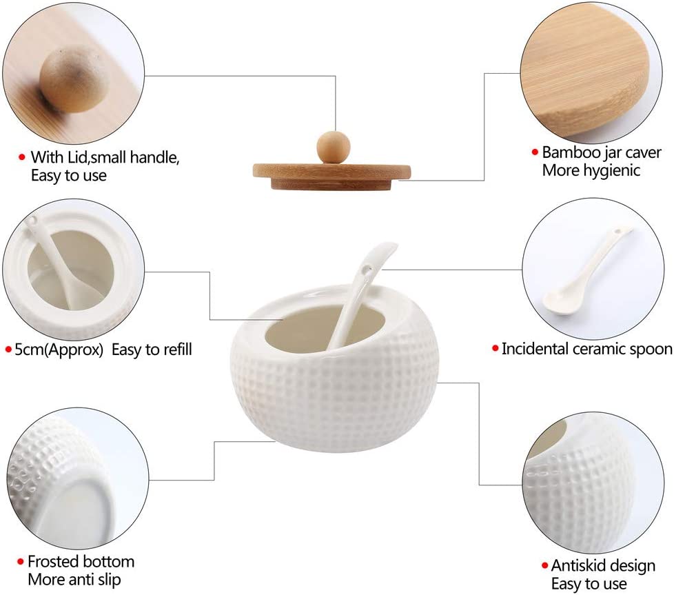 Porcelain Condiment Jar Spice Container with Lids - Bamboo Cap Holder Spot, Ceramic Serving Spoon, Wooden Tray - Best Pottery Cruet Pot for Your Home, Kitchen, Counter. White,170 ML (5.8 OZ), Set of 3