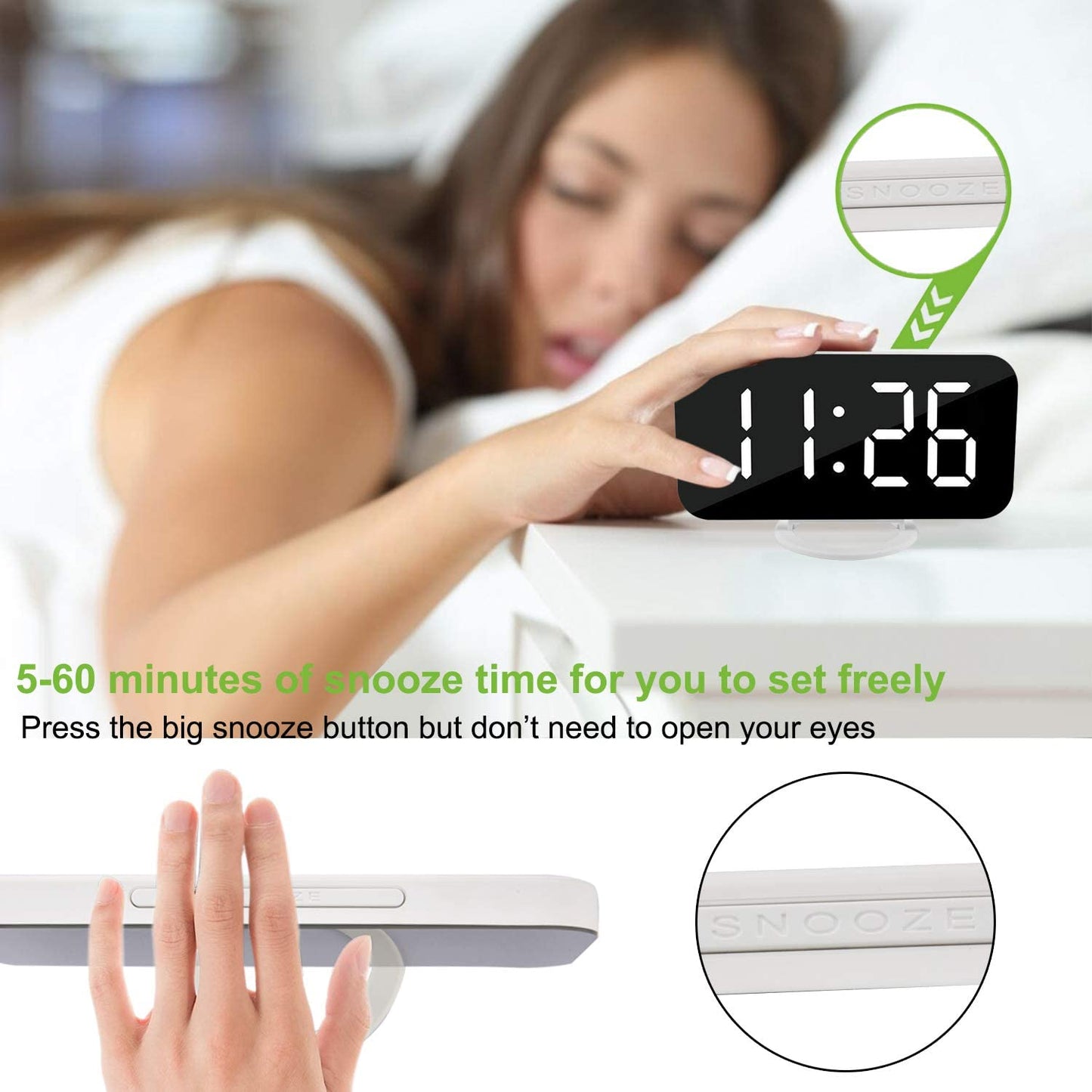Digital Clock Large Display, LED Electric Alarm Clocks Mirror Surface for Makeup with Diming Mode, 3 Levels Brightness, Dual USB Ports Modern Decoration for Home Bedroom Decor-White