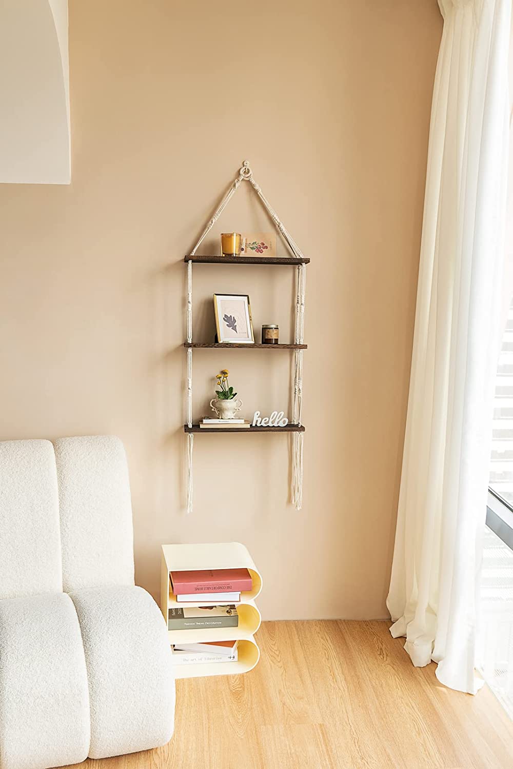 Macrame Wall Hanging Shelf 3 Tier Wood Floating Shelves with Cute Woven Rope Boho Room Decor Display Photos Plant Hanging Storage Shelves for Bathroom, Bedroom, Living Room, Nursery