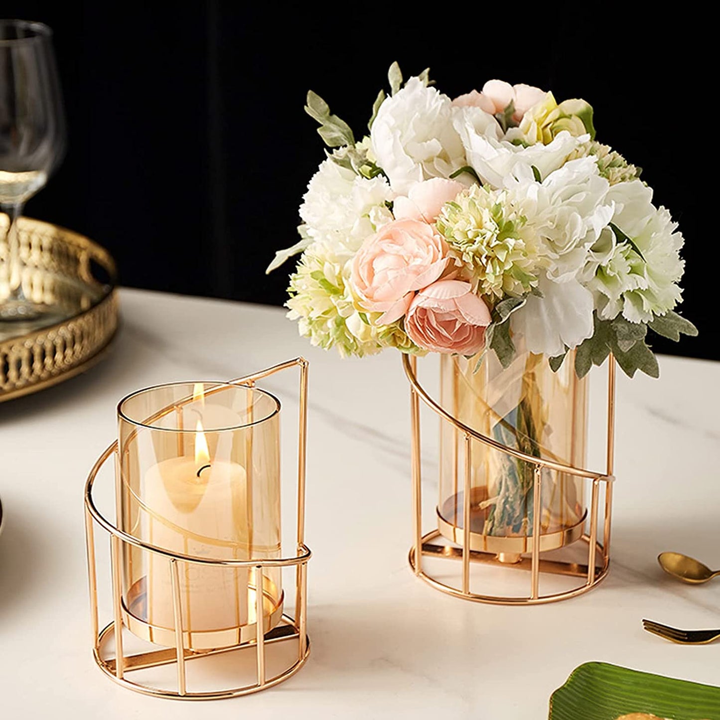 Metal Wire Candle Holder Set of 2, Glass Pillar Candle Holders Gold Decorative Tea Light Candleholders for Home Decor Table Decorations Centerpiece (Spiral)