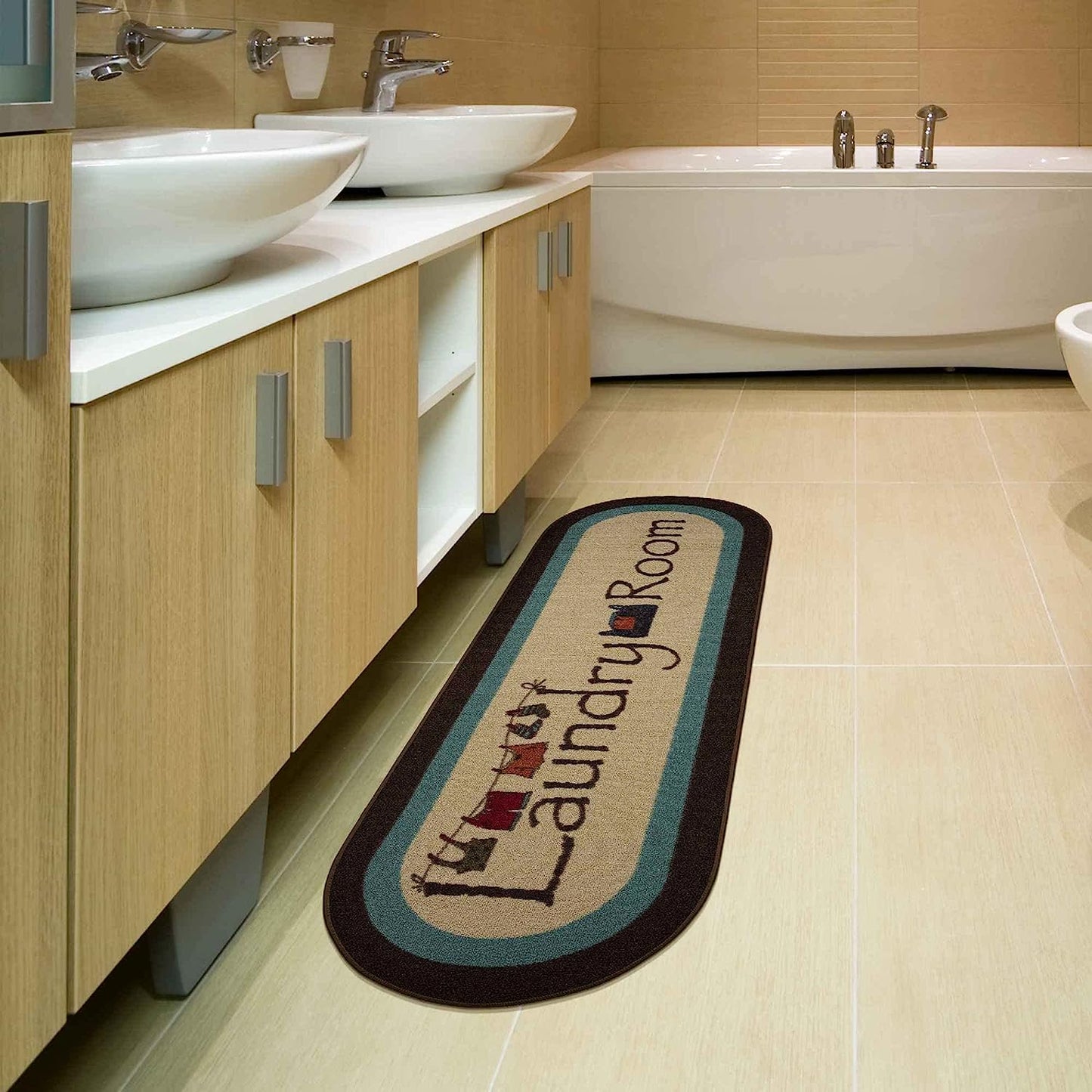 Machine Washable Bordered Laundry Room Rug Non-Slip Rubberback 2x5 Laundry Runner Rug for Laundry Room, Bathroom, Washroom, 20" x 59" Oval, Beige