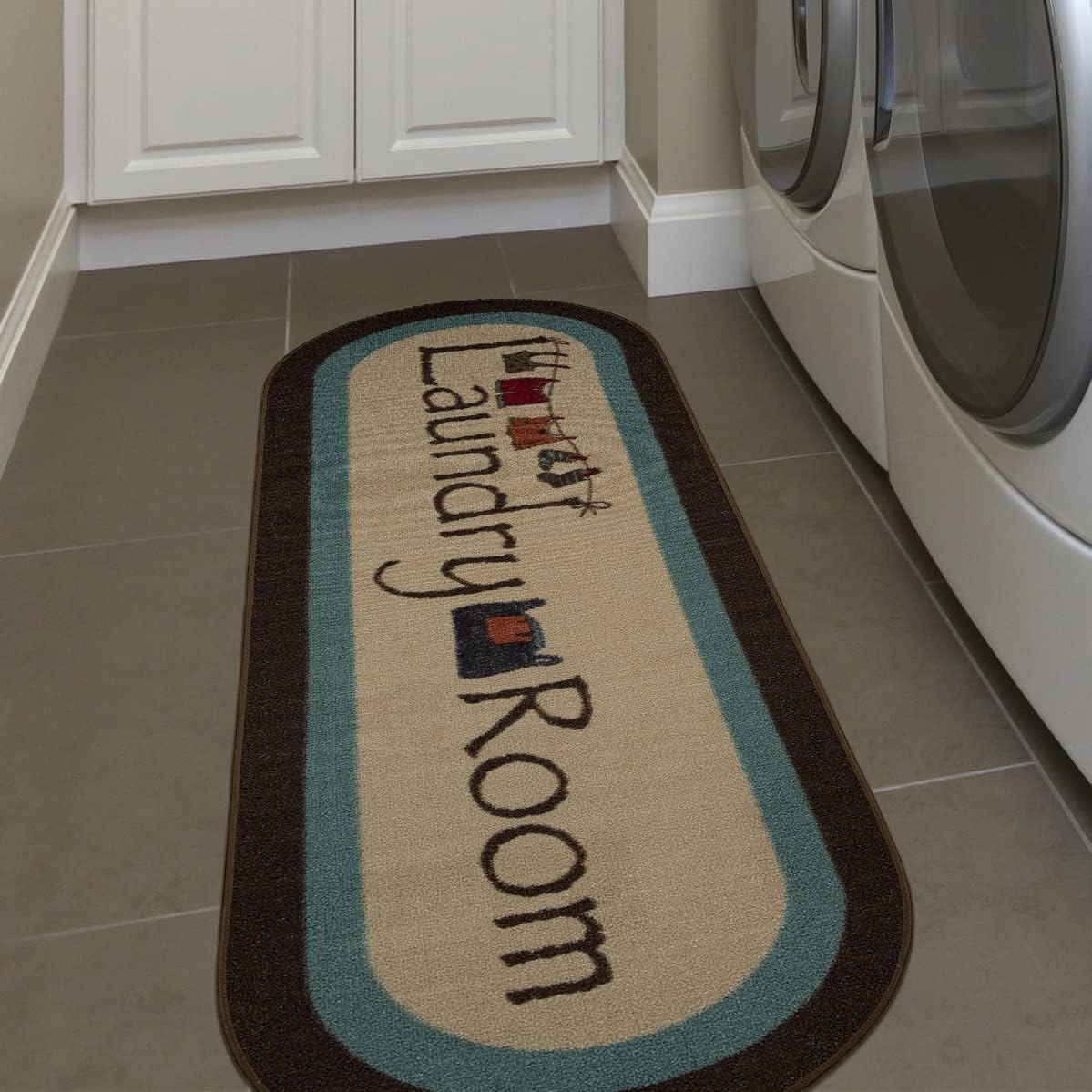 Machine Washable Bordered Laundry Room Rug Non-Slip Rubberback 2x5 Laundry Runner Rug for Laundry Room, Bathroom, Washroom, 20" x 59" Oval, Beige