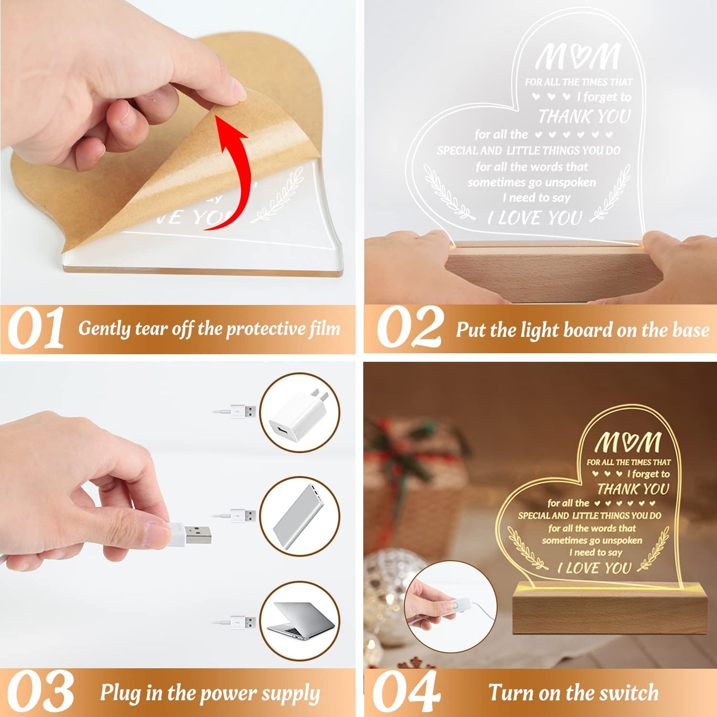 Mothers Day Gifts for Mom from Daughter Son, Unique Engraved Wooden Base Lamp Presents, to My Mom Gifts, Birthday Gifts for Mom.