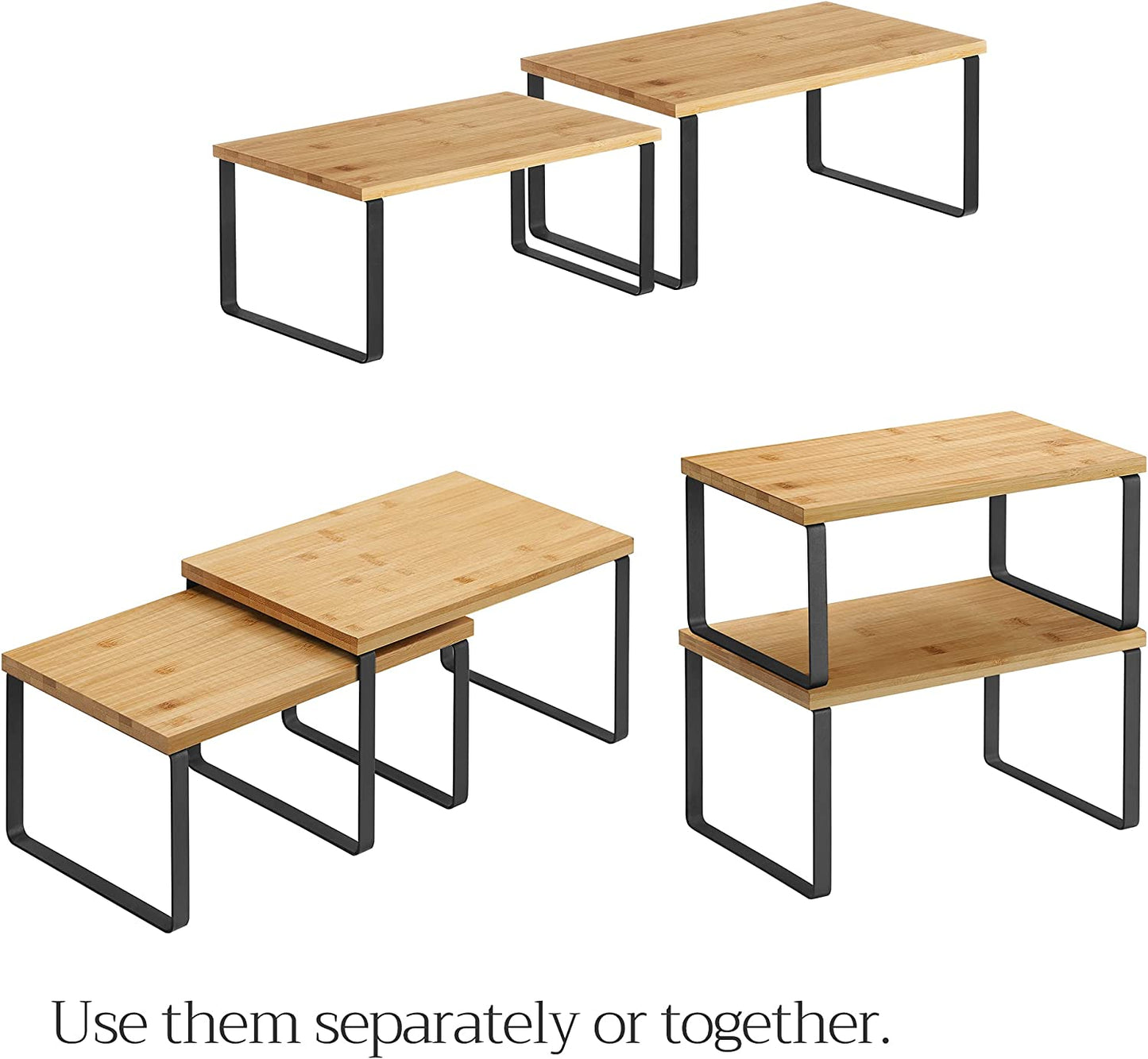 Cabinet Organizer Shelf, Set of 2 Kitchen Counter Shelves, Stackable, Expandable, Metal and Engineered Wood, Black and Natural