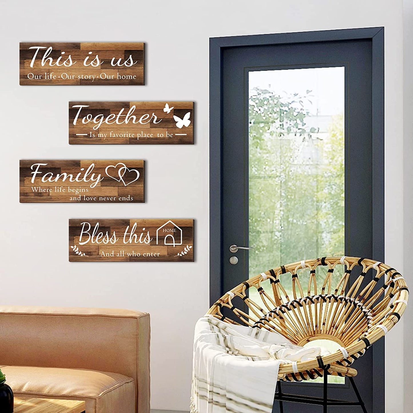 4 Pieces Home Wall Decor Signs, THIS IS US/TOGETHER/BLESS THIS HOME/FAMILY Wall Decor For Living Room Bedroom, Rustic Wooden Farmhouse Wall Art Decor, 4.7 x 13.8 Inch(Brown)