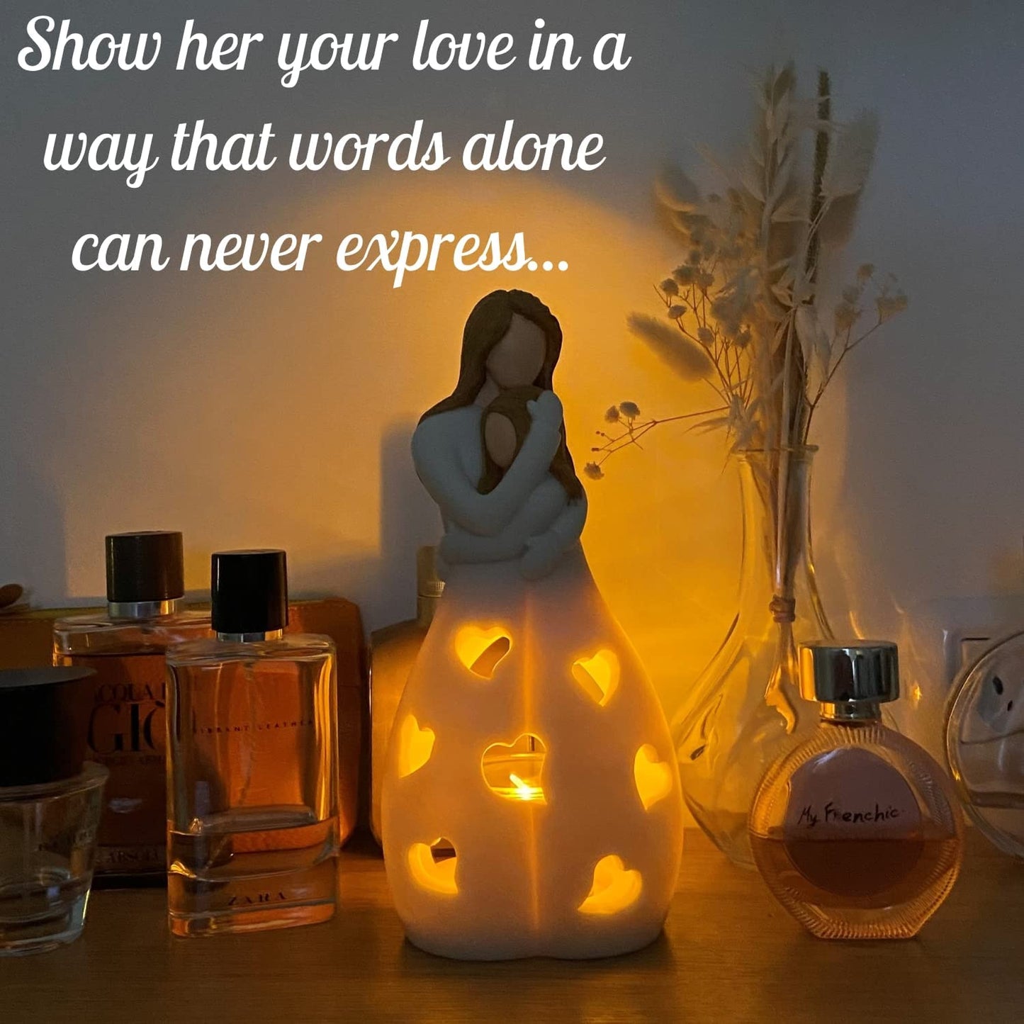 Gifts for Mom from Daughter - Candle Holder Statue W/Flickering Led Candle - Birthday, Mothers Day, Daughters from Mothers Gifts, Mother of The Bride, Bday, (Light Brown)