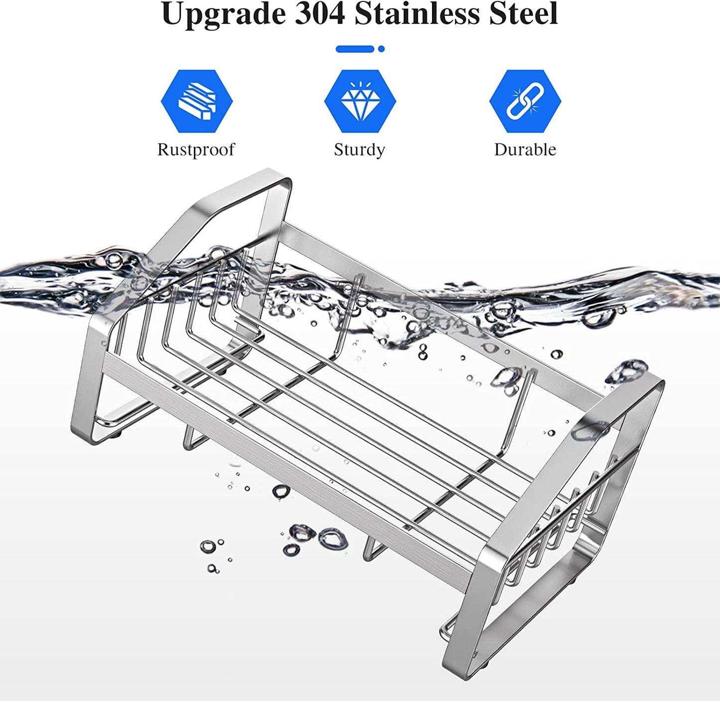 Sink Caddy, Sponge Holder for Kitchen Sink, Kitchen Bathroom Sink Organizer, 304 Stainless Steel Kitchen Countertop Organizer Soap Tray with Removable Drain Tray-Silver