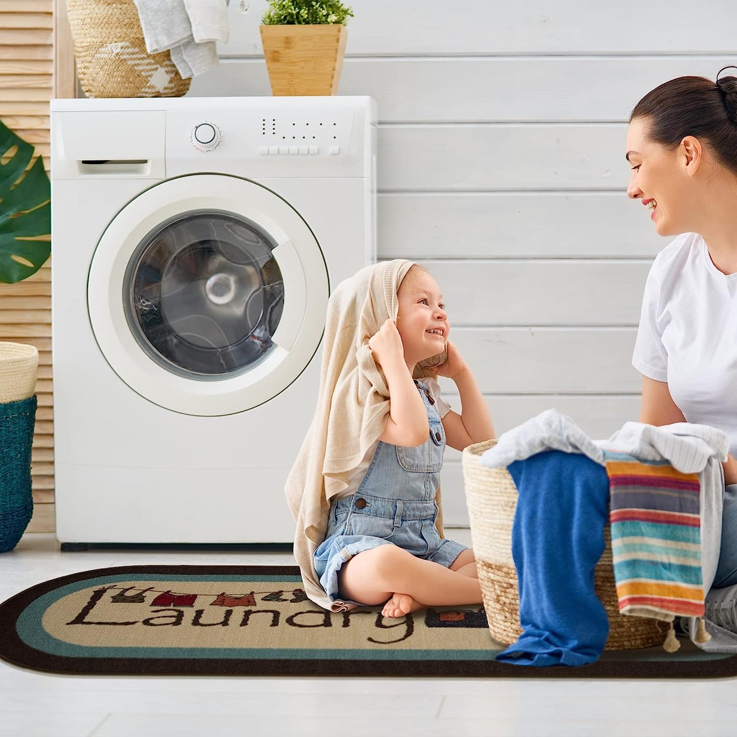 Machine Washable Bordered Laundry Room Rug Non-Slip Rubberback 2x5 Laundry Runner Rug for Laundry Room, Bathroom, Washroom, 20" x 59" Oval, Beige