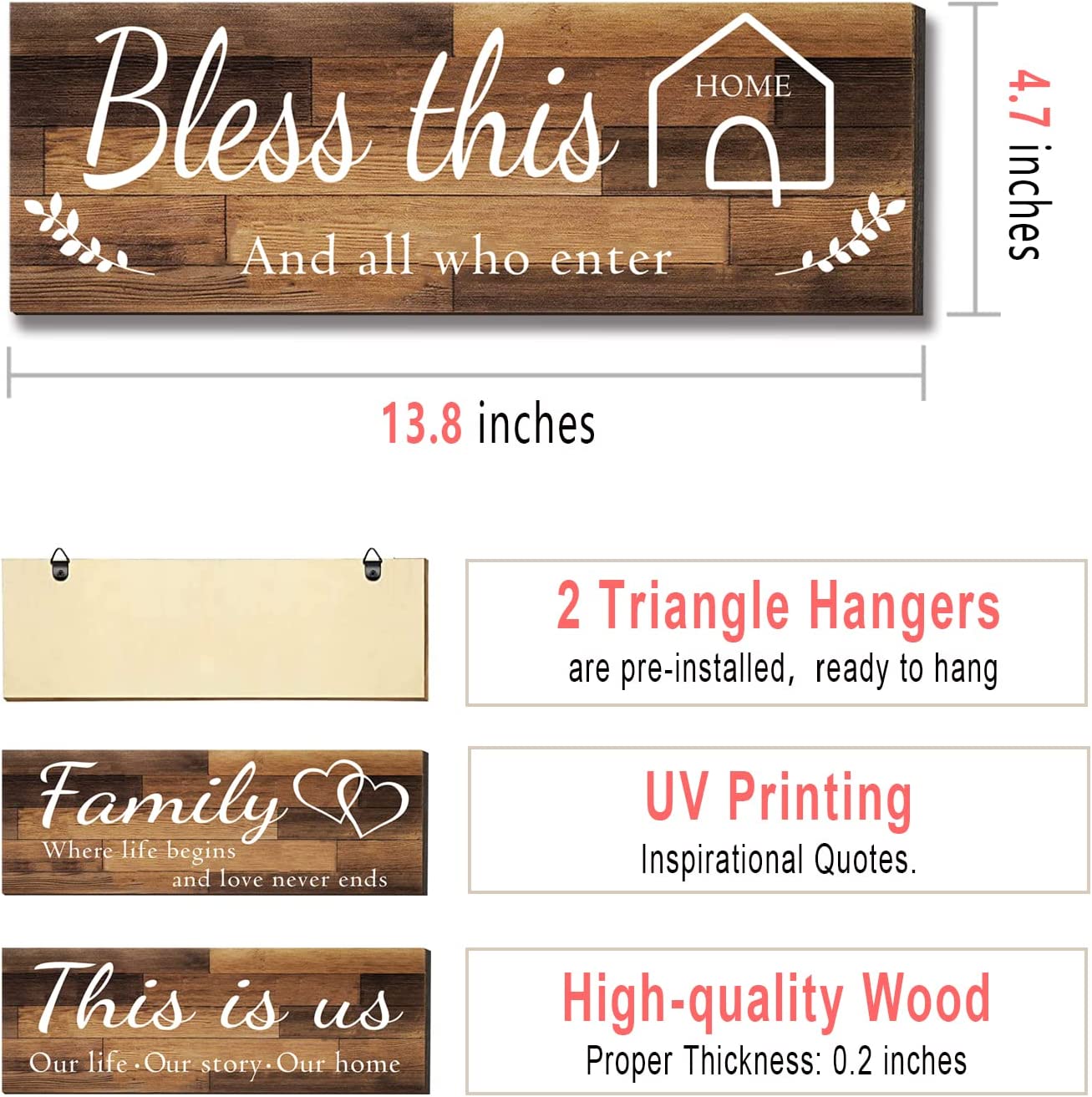 4 Pieces Home Wall Decor Signs, THIS IS US/TOGETHER/BLESS THIS HOME/FAMILY Wall Decor For Living Room Bedroom, Rustic Wooden Farmhouse Wall Art Decor, 4.7 x 13.8 Inch(Brown)