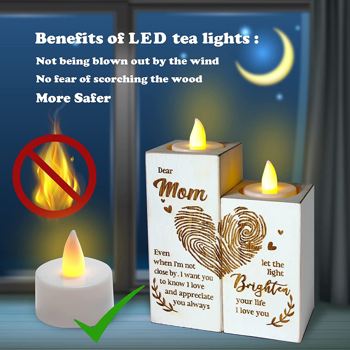 Gifts for Mom from Daughter, Meaningful Gifts for Mom, Rustic Farmhouse Style Tealight Candle Holder, for Mom's Birthday,Mother's Day, Christmas, Valentines Day,Fingerprint Heart Pattern