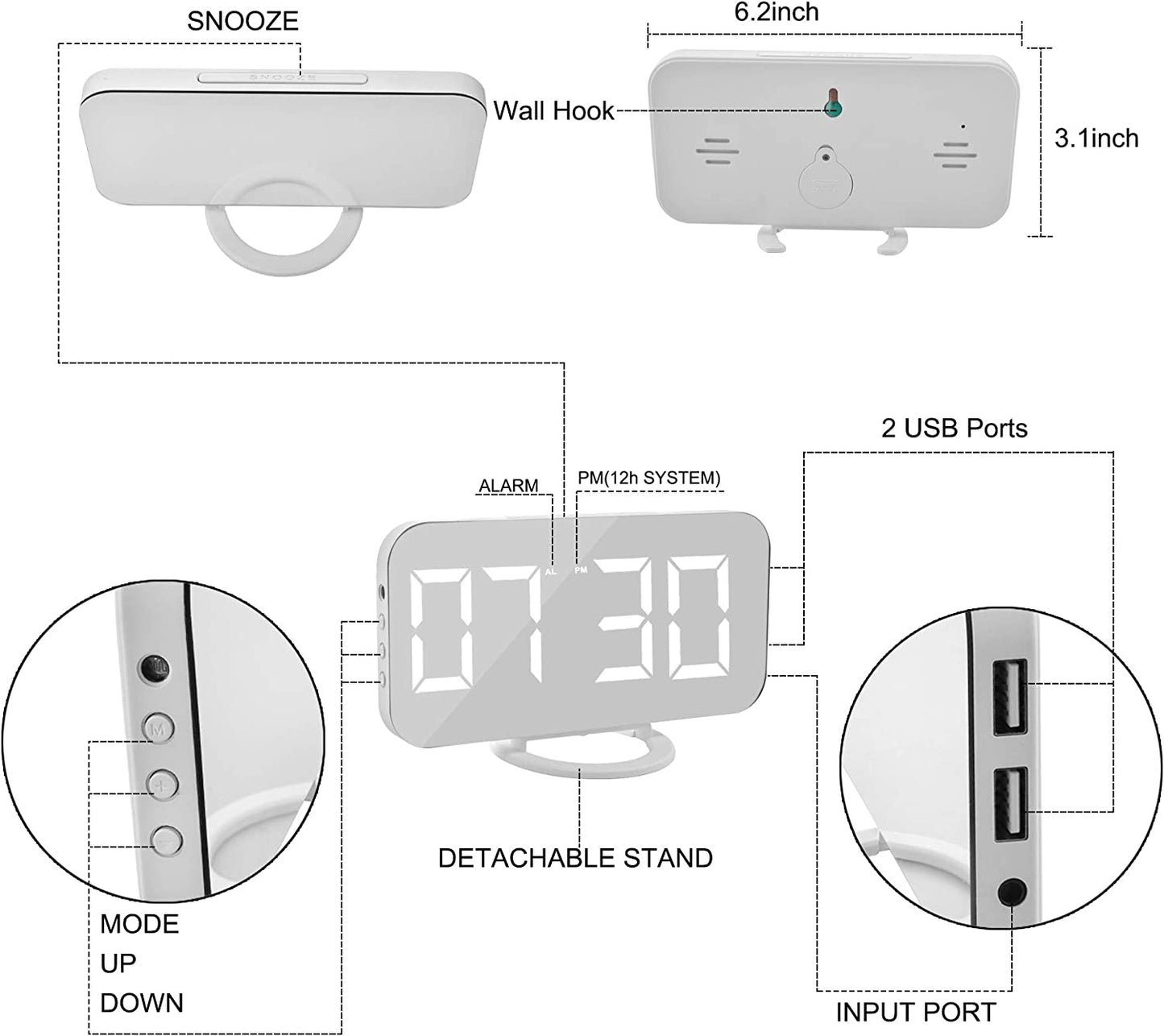 Digital Clock Large Display, LED Electric Alarm Clocks Mirror Surface for Makeup with Diming Mode, 3 Levels Brightness, Dual USB Ports Modern Decoration for Home Bedroom Decor-White