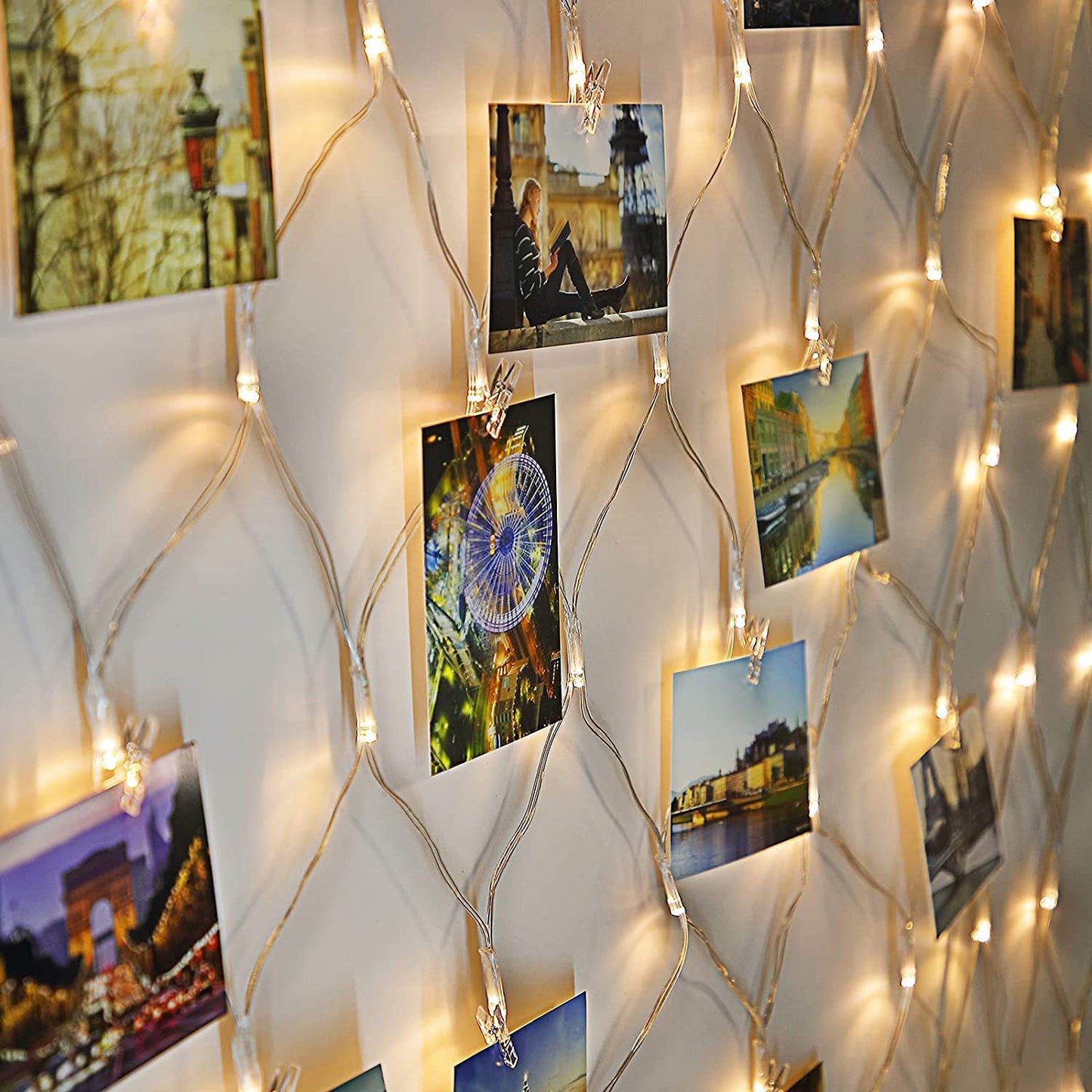 Christmas Hanging Photo Display 3.3 x 3.3 Ft, 75 LED Net Photo Clips Christmas String Light with 25 Clips and Remote, 8 Modes USB Operated Christmas Fairy Lights for Home Indoor Wall Decor