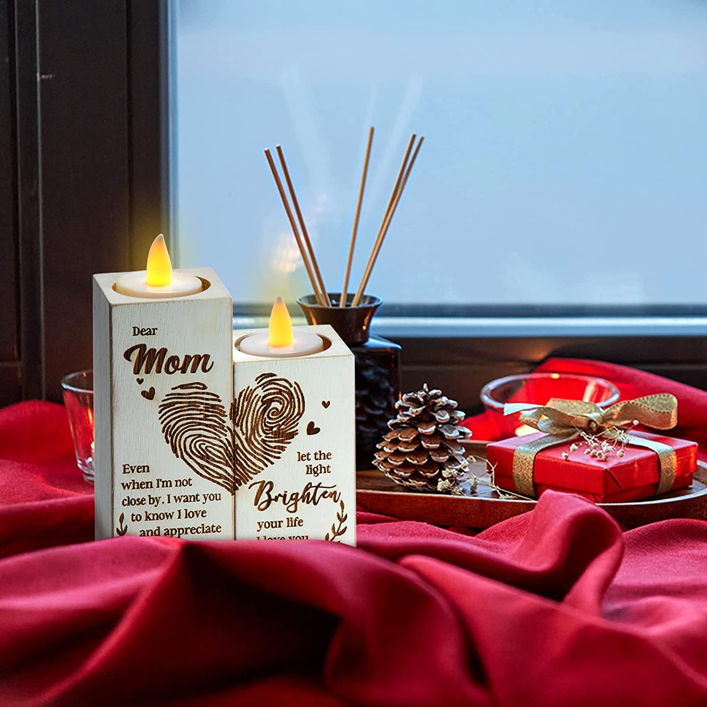 Gifts for Mom from Daughter, Meaningful Gifts for Mom, Rustic Farmhouse Style Tealight Candle Holder, for Mom's Birthday,Mother's Day, Christmas, Valentines Day,Fingerprint Heart Pattern