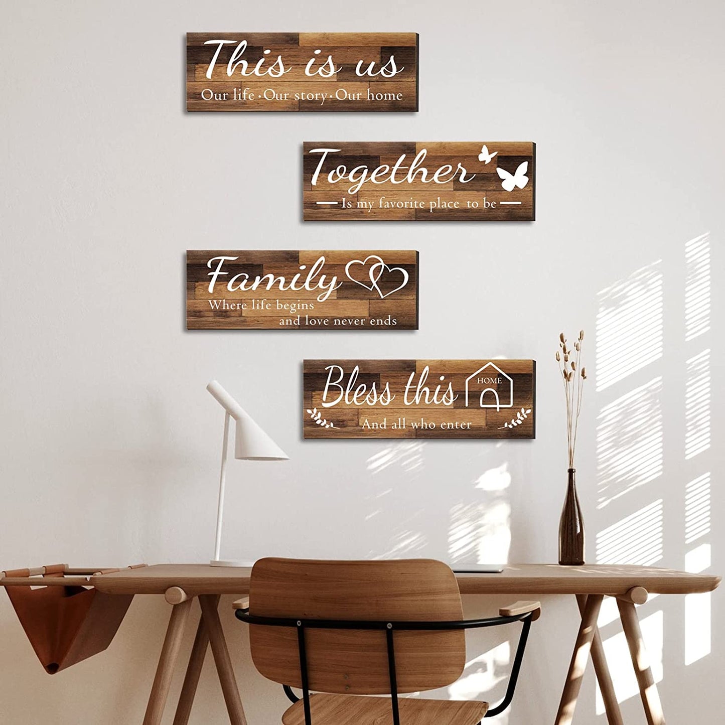 4 Pieces Home Wall Decor Signs, THIS IS US/TOGETHER/BLESS THIS HOME/FAMILY Wall Decor For Living Room Bedroom, Rustic Wooden Farmhouse Wall Art Decor, 4.7 x 13.8 Inch(Brown)