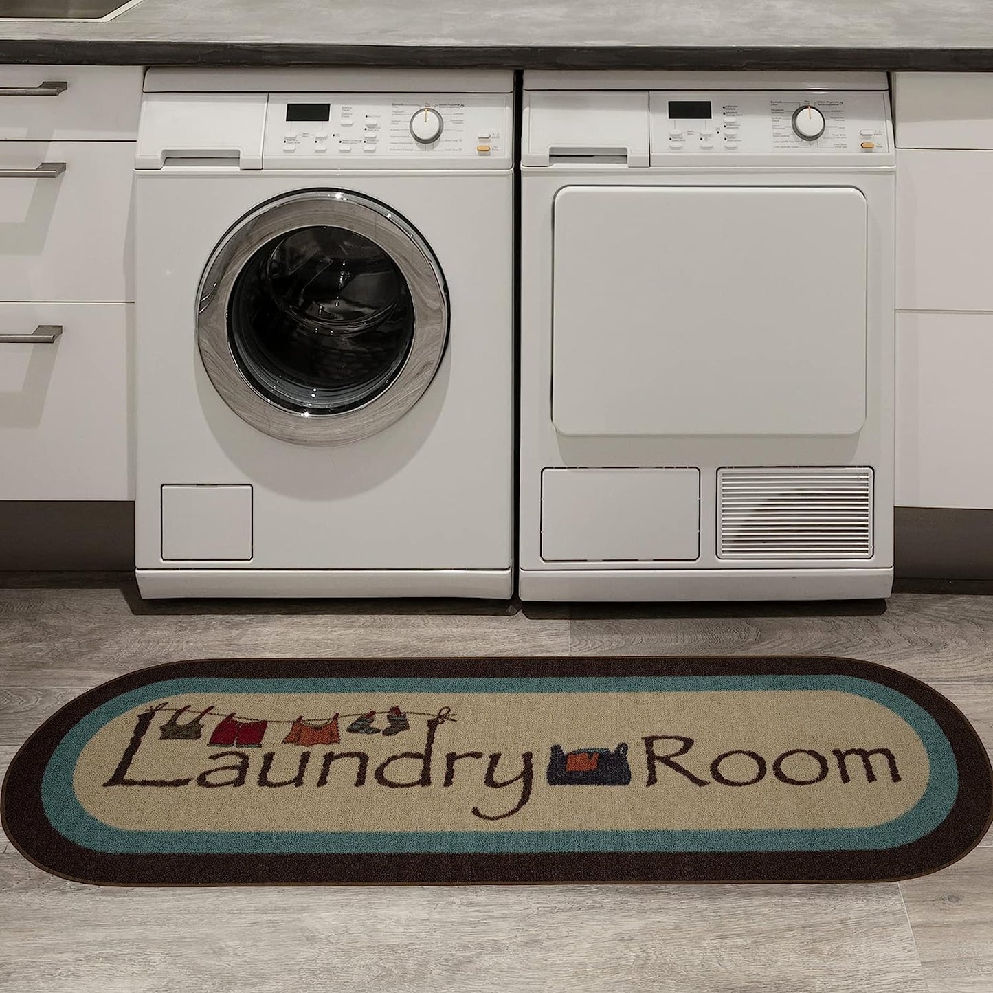 Machine Washable Bordered Laundry Room Rug Non-Slip Rubberback 2x5 Laundry Runner Rug for Laundry Room, Bathroom, Washroom, 20" x 59" Oval, Beige