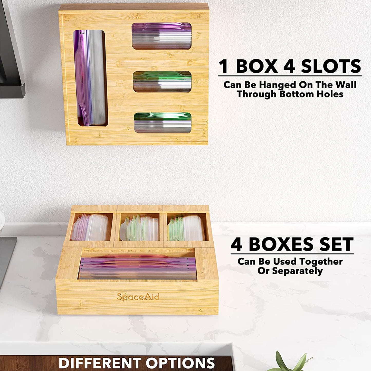 Bag Storage Organizer for Kitchen Drawer, Bamboo Organizer, Compatible with Gallon, Quart, Sandwich and Snack Variety Size Bag (1 Box 4 Slots)