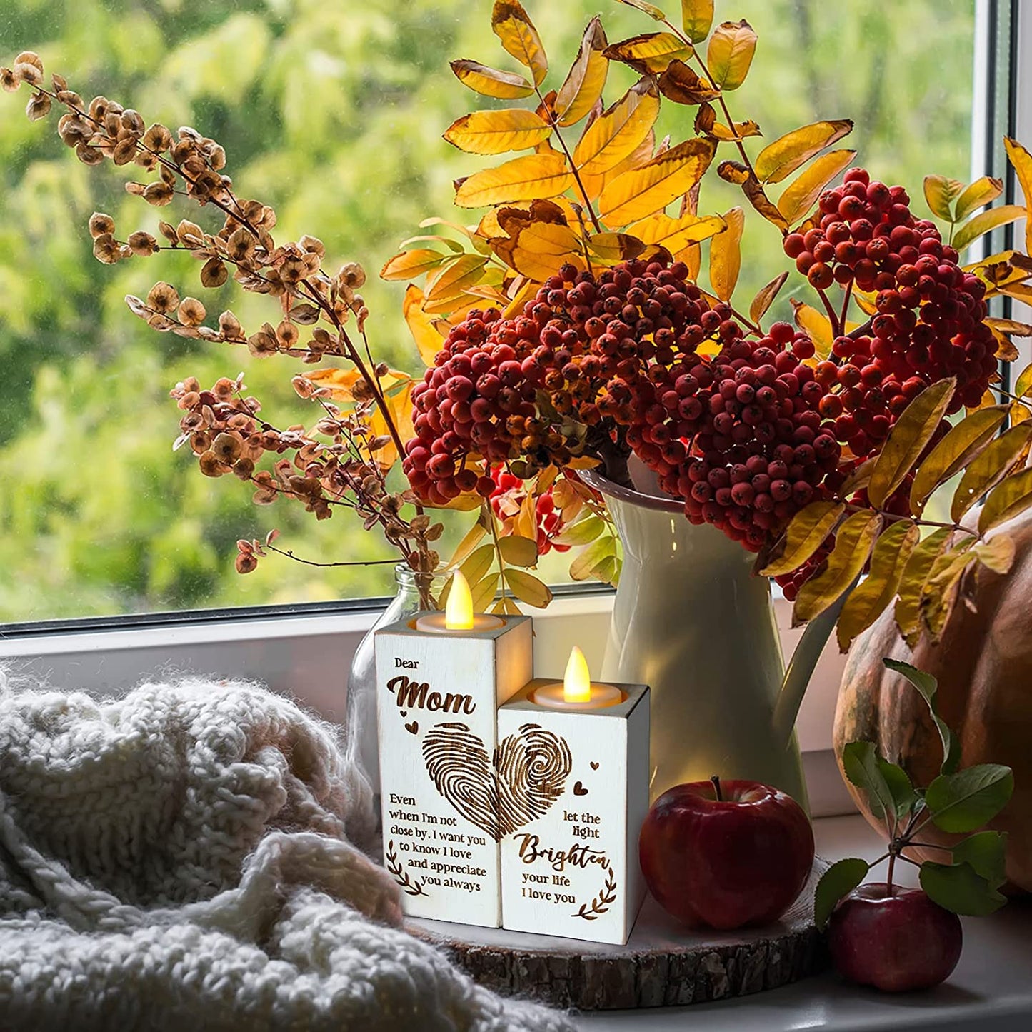 Gifts for Mom from Daughter, Meaningful Gifts for Mom, Rustic Farmhouse Style Tealight Candle Holder, for Mom's Birthday,Mother's Day, Christmas, Valentines Day,Fingerprint Heart Pattern