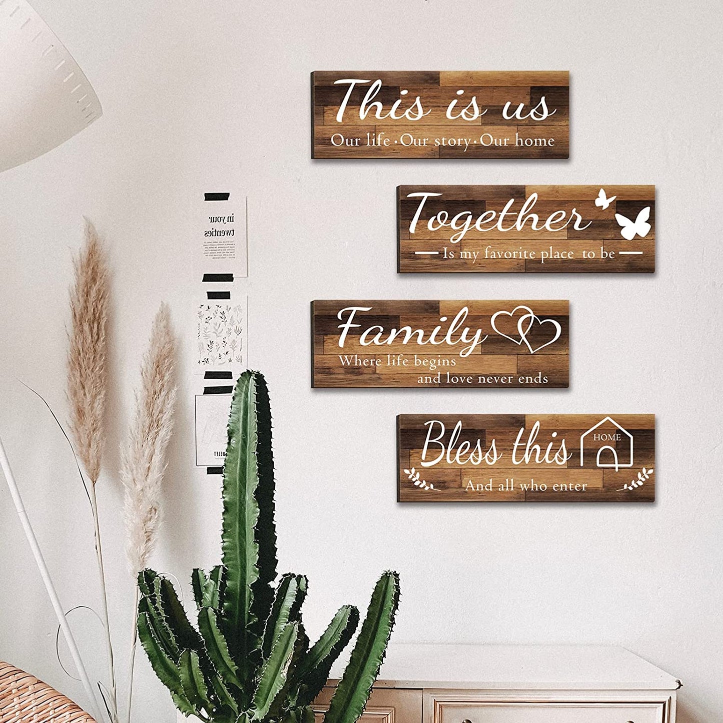 4 Pieces Home Wall Decor Signs, THIS IS US/TOGETHER/BLESS THIS HOME/FAMILY Wall Decor For Living Room Bedroom, Rustic Wooden Farmhouse Wall Art Decor, 4.7 x 13.8 Inch(Brown)