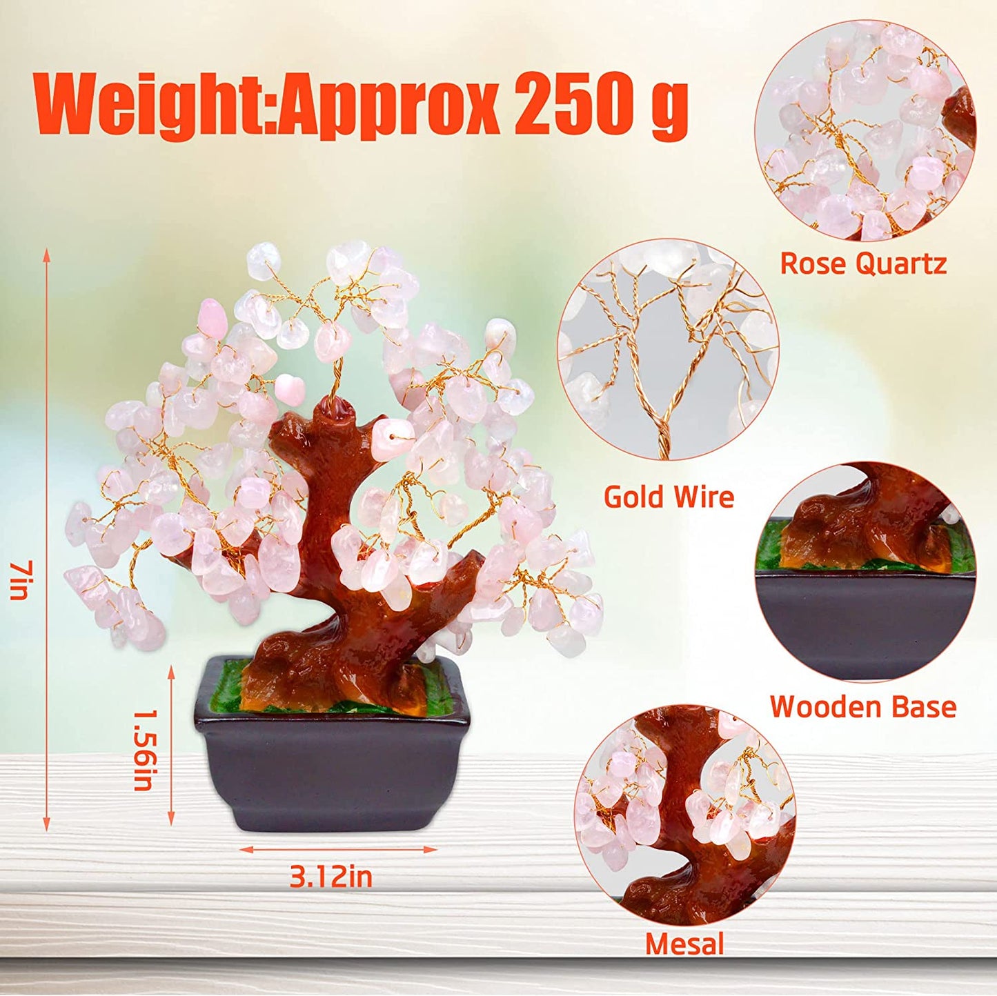 Feng Shui Natural Rose Pink Quartz Crystal Money Tree Bonsai Style Decoration for Wealth and Luck