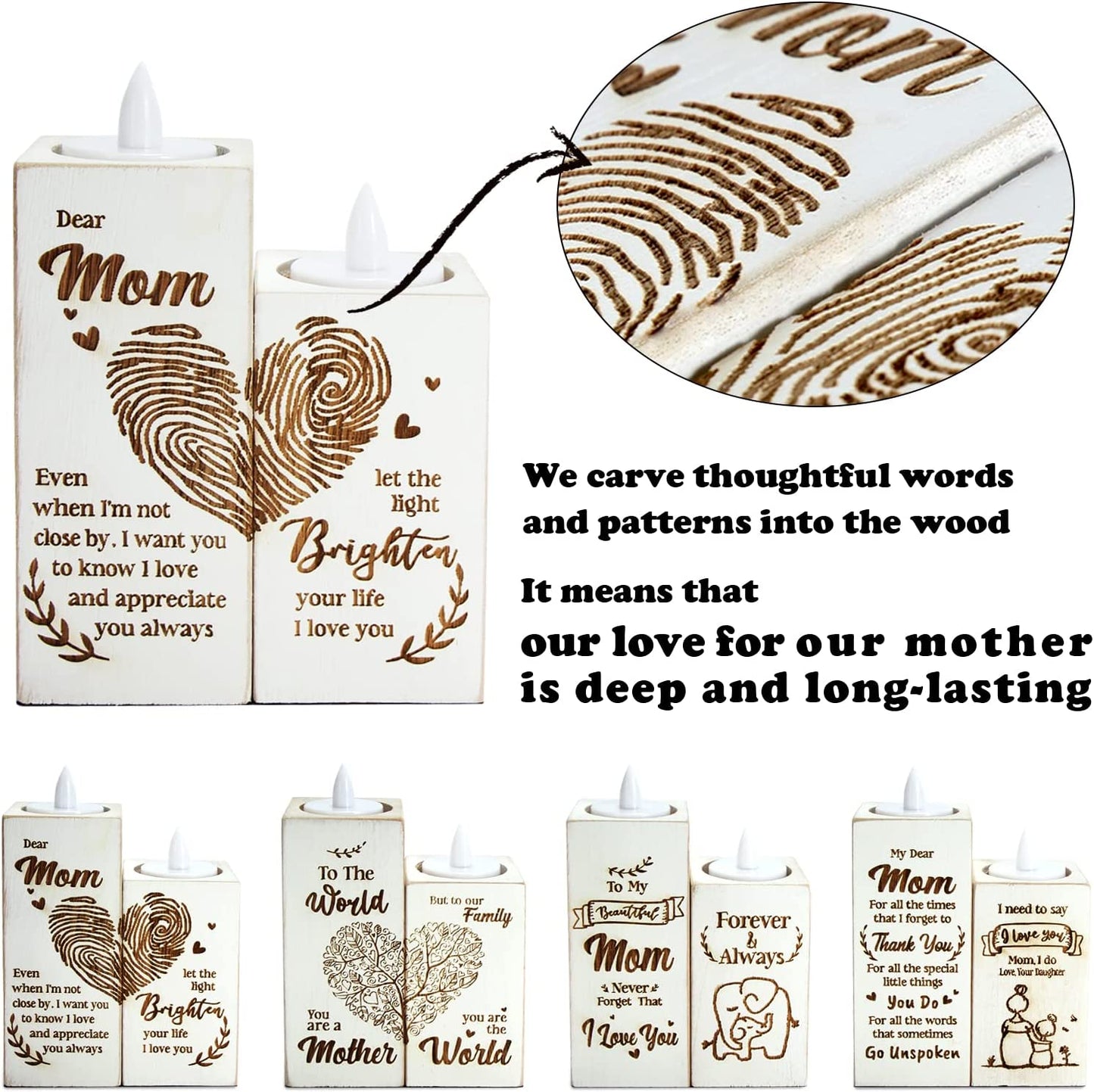 Gifts for Mom from Daughter, Meaningful Gifts for Mom, Rustic Farmhouse Style Tealight Candle Holder, for Mom's Birthday,Mother's Day, Christmas, Valentines Day,Fingerprint Heart Pattern