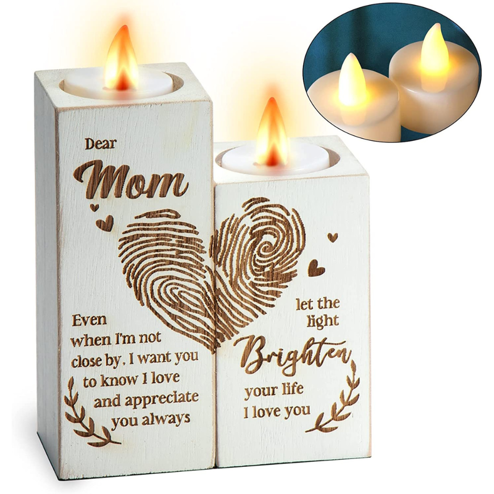 Gifts for Mom from Daughter, Meaningful Gifts for Mom, Rustic Farmhouse Style Tealight Candle Holder, for Mom's Birthday,Mother's Day, Christmas, Valentines Day,Fingerprint Heart Pattern