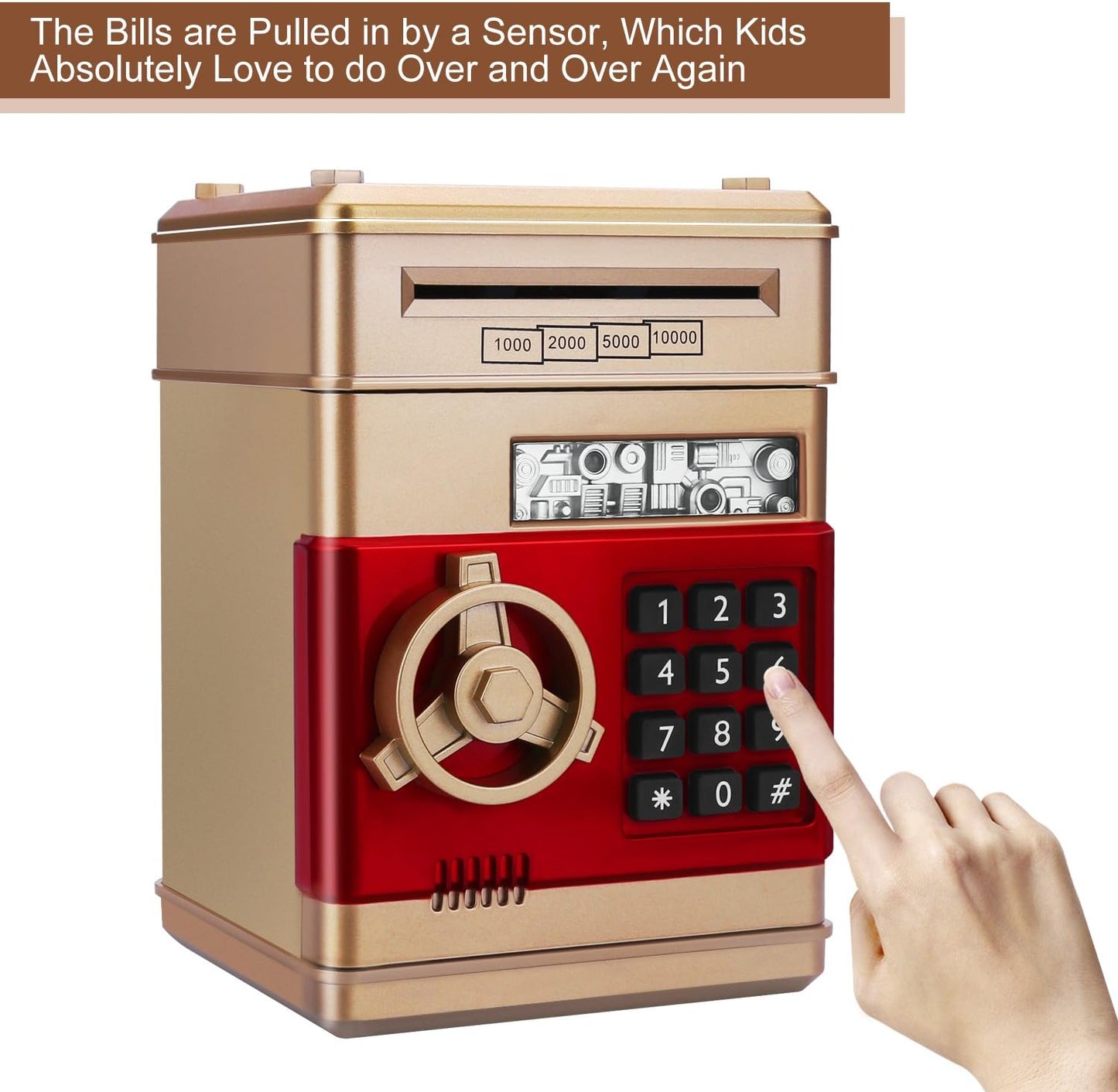 Piggy Bank, Electronic ATM Password Cash Coin Can Auto Scroll Paper Money Saving Box Gift for Kids (Gold)