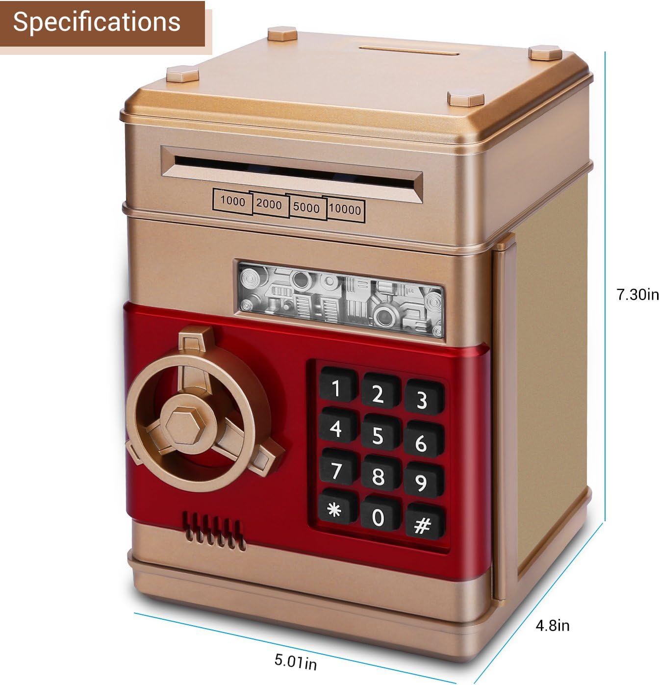 Piggy Bank, Electronic ATM Password Cash Coin Can Auto Scroll Paper Money Saving Box Gift for Kids (Gold)