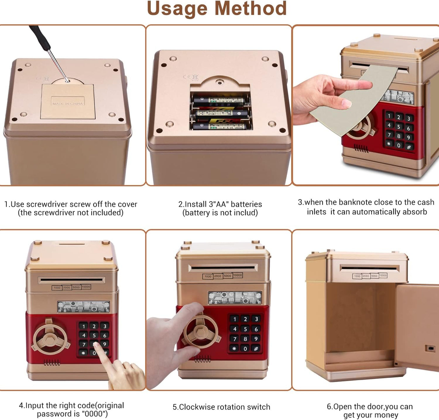 Piggy Bank, Electronic ATM Password Cash Coin Can Auto Scroll Paper Money Saving Box Gift for Kids (Gold)