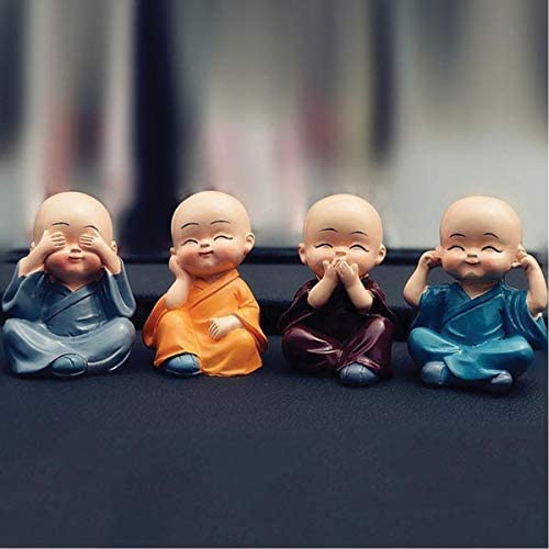 Set of 4 Buddha Monk Statues Miniature Figurines Showpiece for Wall Shelf, Table Desktop, Car Dashboard Decoration, Home, Office Decor