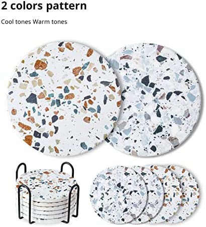 Coasters for Drinks, Absorbent Coasters with Holder Set of 6, Avoid Furniture Being Scratched and Soiled, Housewarming Gift for Home Decor, 4 inches -2 Terrazzo Pattern