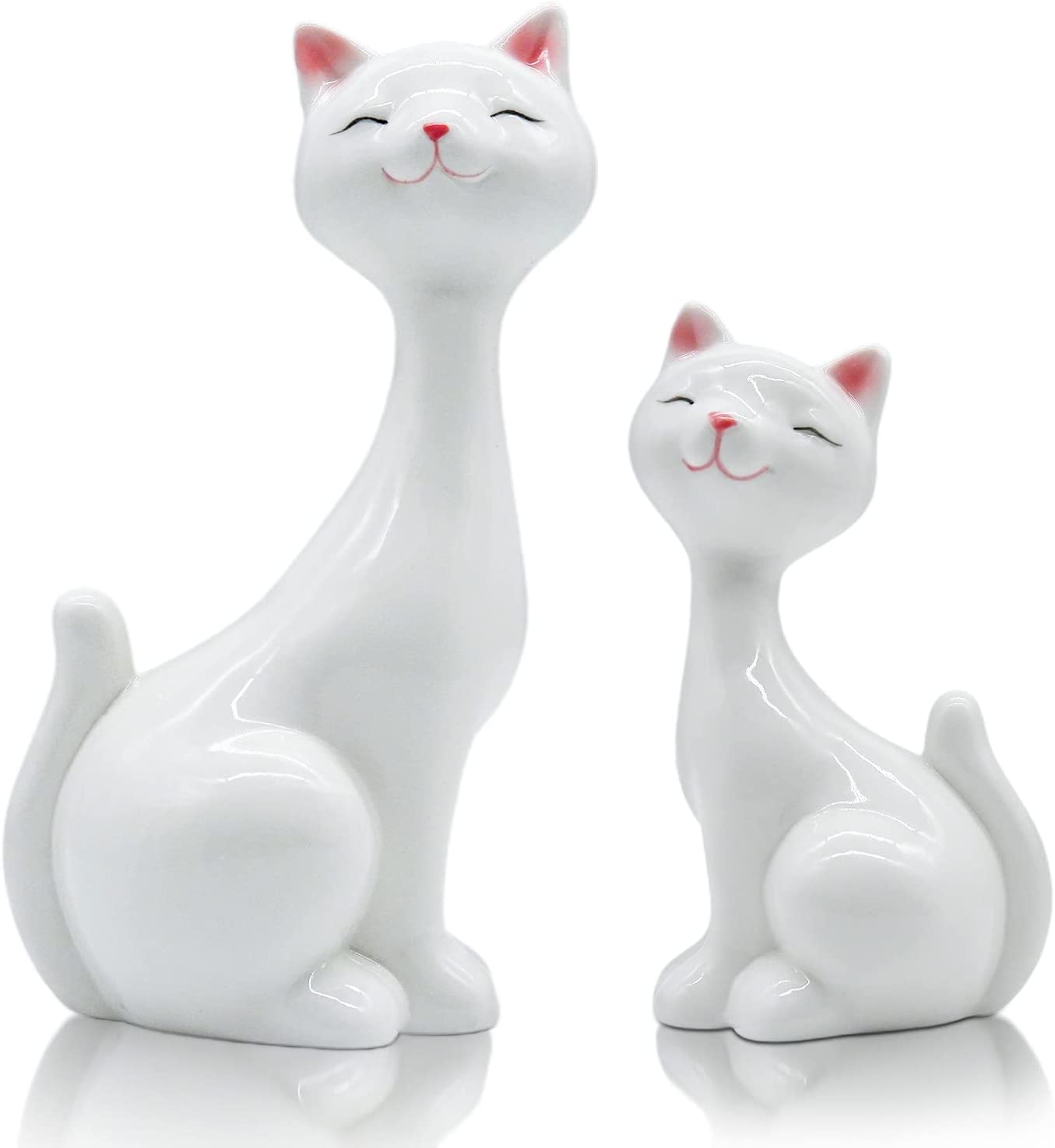 2 PCS White Ceramic Cat Figurines with LED Light, Cute Kitten Statue Home Decor, Cat Decor for Cat Lovers, Desktop Decorations for Cat Lovers, Birthday Gifts