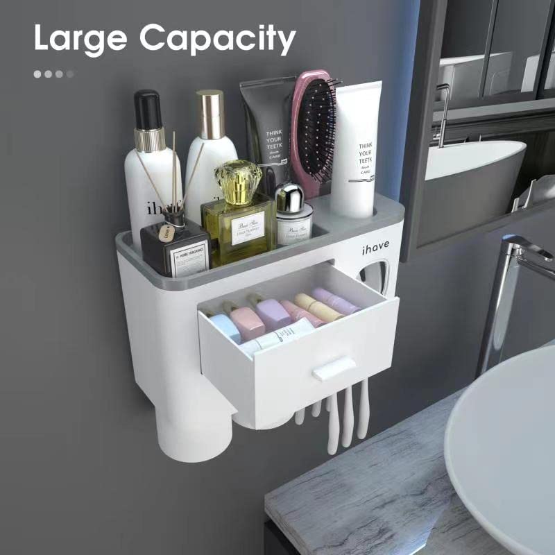 Toothbrush Holders for Bathrooms, 2 Cups Toothbrush Holder Wall Mounted with Toothpaste Dispenser, Large Capacity Tray, Cosmetic Drawer and 6 Brush Slots with Cover Tooth Brush Holder