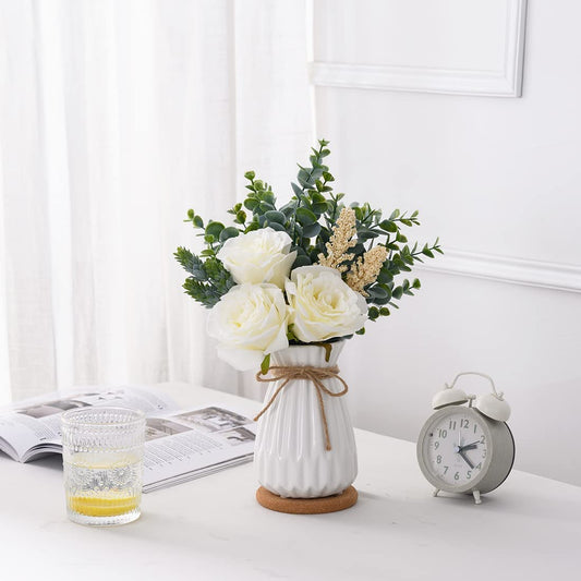 Fake Flowers with Vase, Dining Table Decor, Artificial Flowers White Roses in Vase, Silk Faux Flower Arrangements, Rustic Home Office Centerpiece Decorations, Bathroom Plant Decor