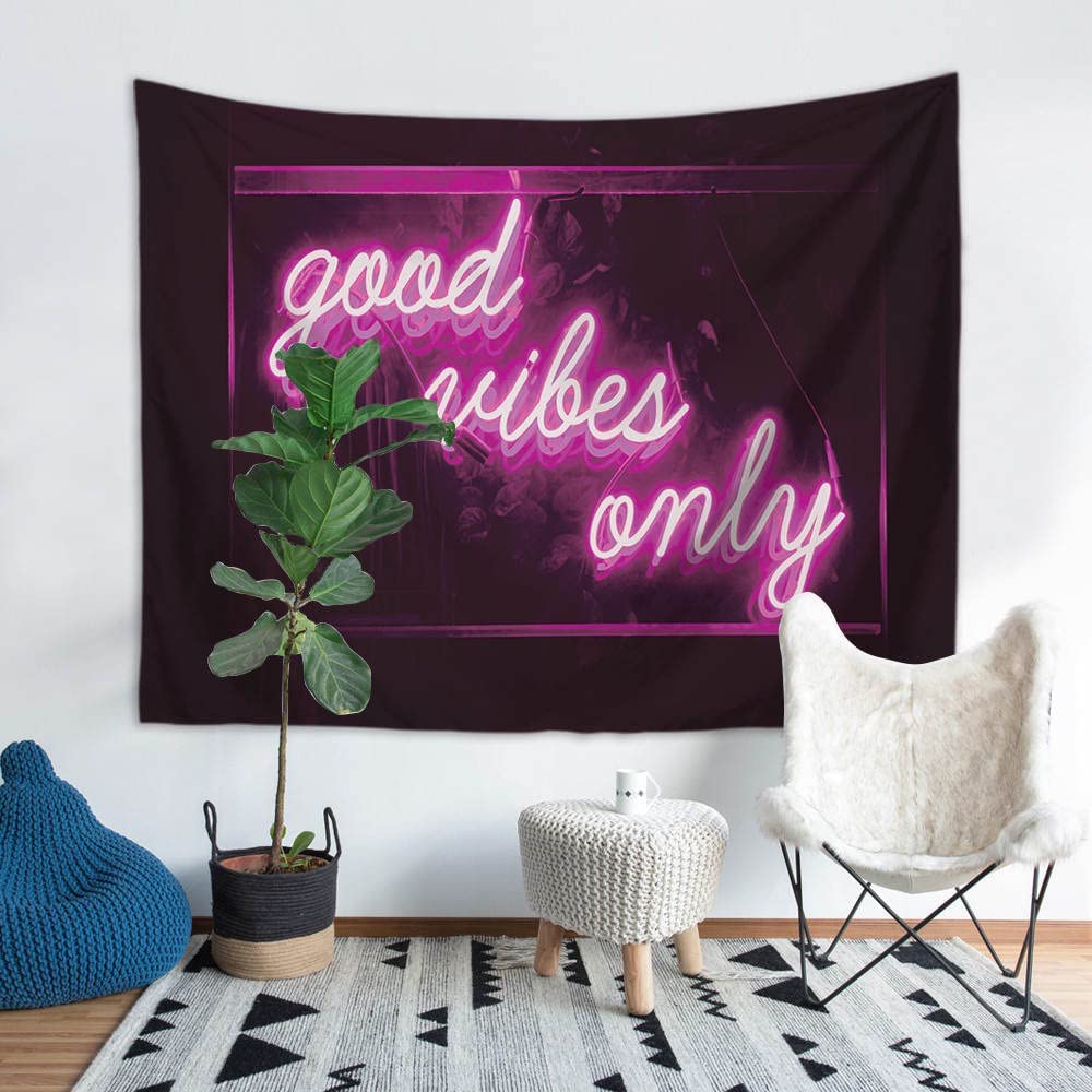 Decorative Wall Tapestry, Good Vibes Only Words in Neon Light for Bedroom Living Room Outdoor 50 X 60 Inches (Pink)
