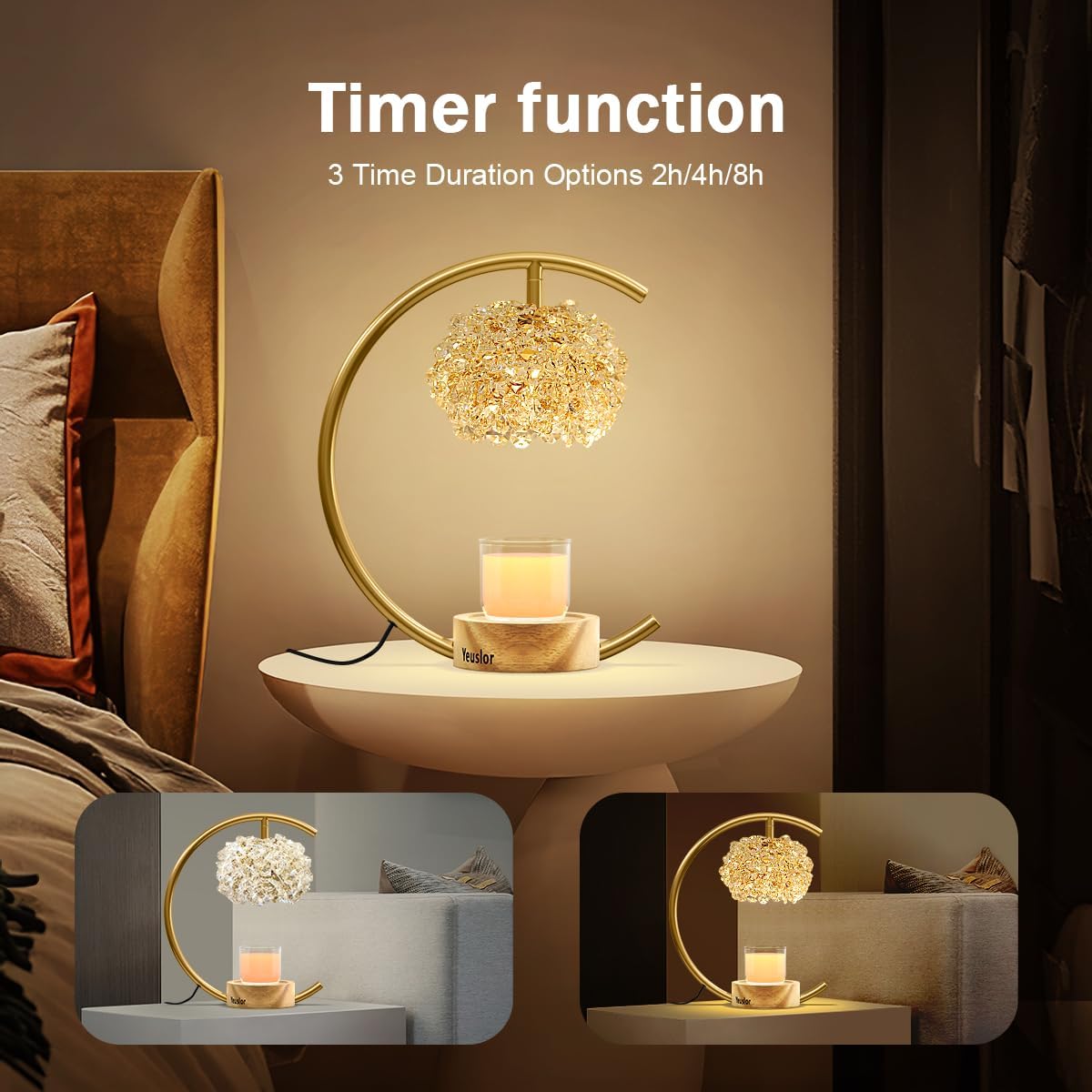 Candle Warmer Lamp for Jar Candles with Adjustable Brightness＆Timer，Handcrafted Crystal＆Wooden Base,Candle Lamp Luxurious