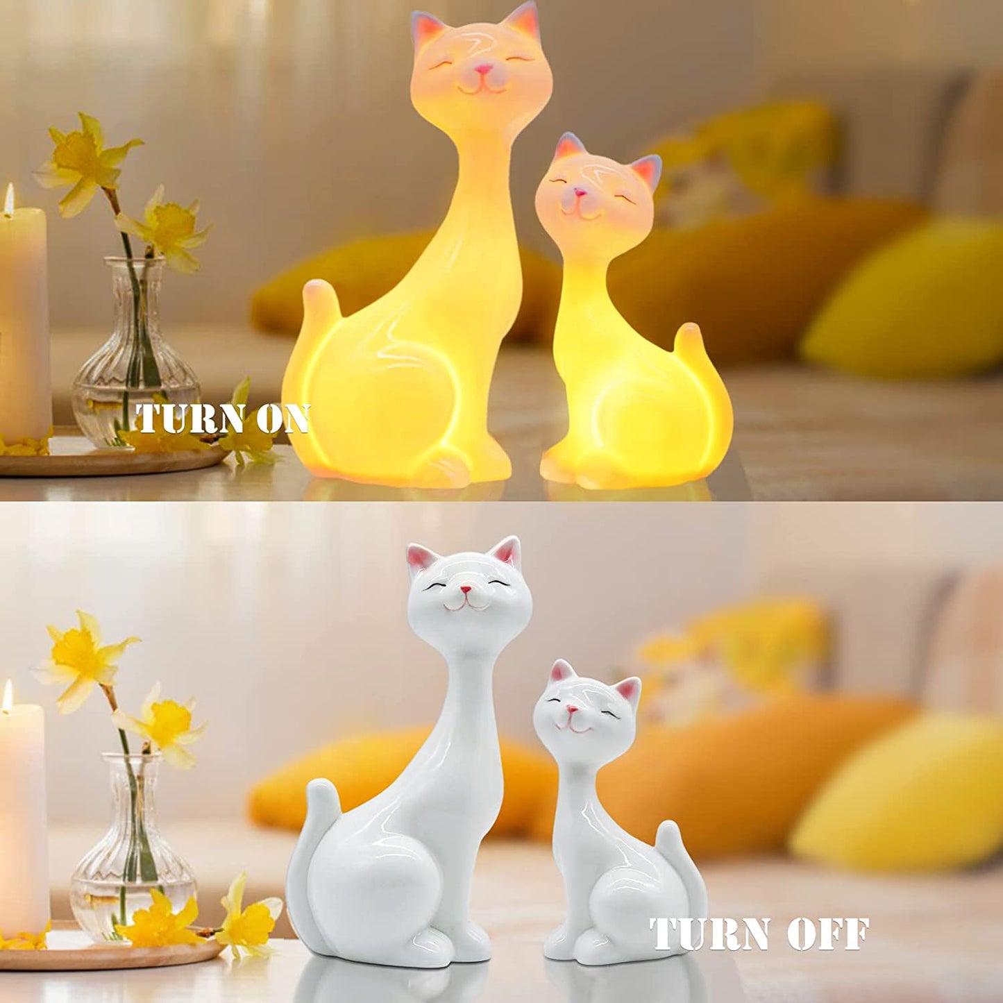 2 PCS White Ceramic Cat Figurines with LED Light, Cute Kitten Statue Home Decor, Cat Decor for Cat Lovers, Desktop Decorations for Cat Lovers, Birthday Gifts